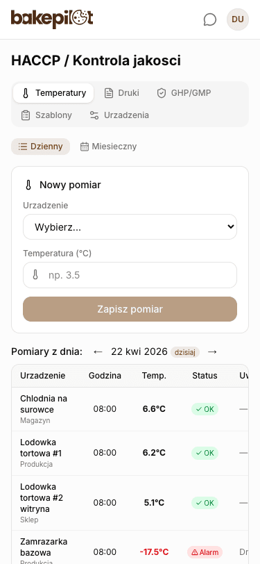 Moduł HACCP w BakePilot na telefonie - formularz nowego pomiaru temperatury i lista odczytów z dnia