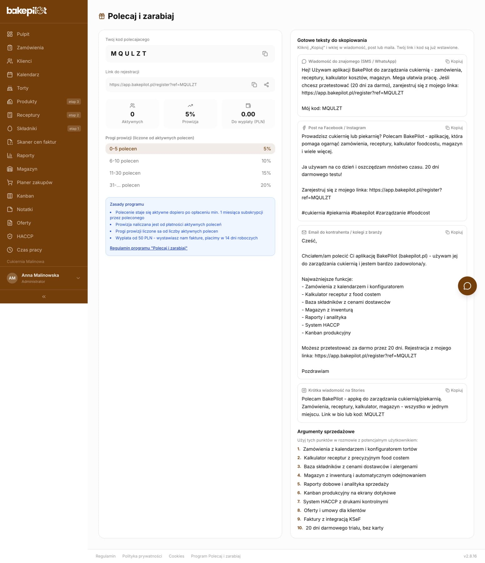 Strona Polecaj i zarabiaj: kod polecającego, link do rejestracji, kafelki Aktywnych, Prowizja i Do wypłaty, progi prowizji, zasady programu oraz gotowe teksty do skopiowania i argumenty sprzedażowe