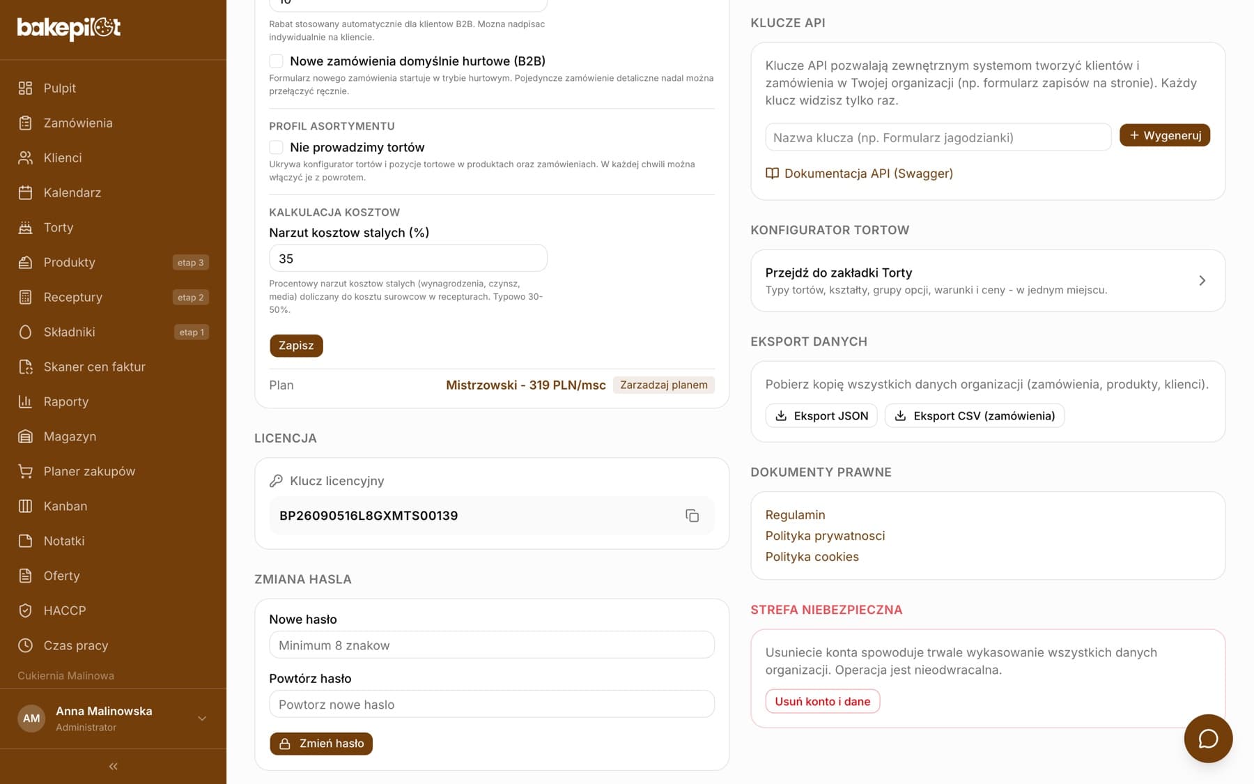 Ustawienia BakePilot z sekcją Klucze API: pole Nazwa klucza, przycisk Wygeneruj i link Dokumentacja API (Swagger)