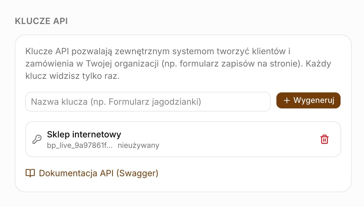 Sekcja Klucze API w Ustawieniach z polem nazwy klucza i przyciskiem Wygeneruj