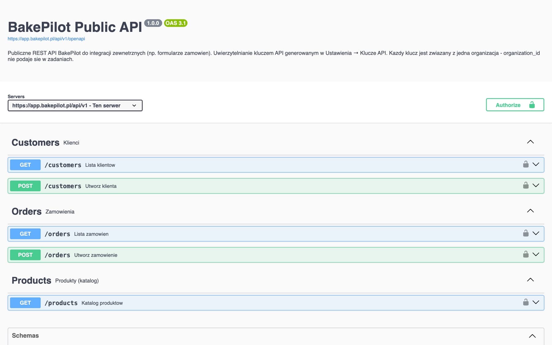Interaktywna dokumentacja BakePilot Public API (Swagger) z sekcjami Customers, Orders i Products oraz przyciskiem Authorize