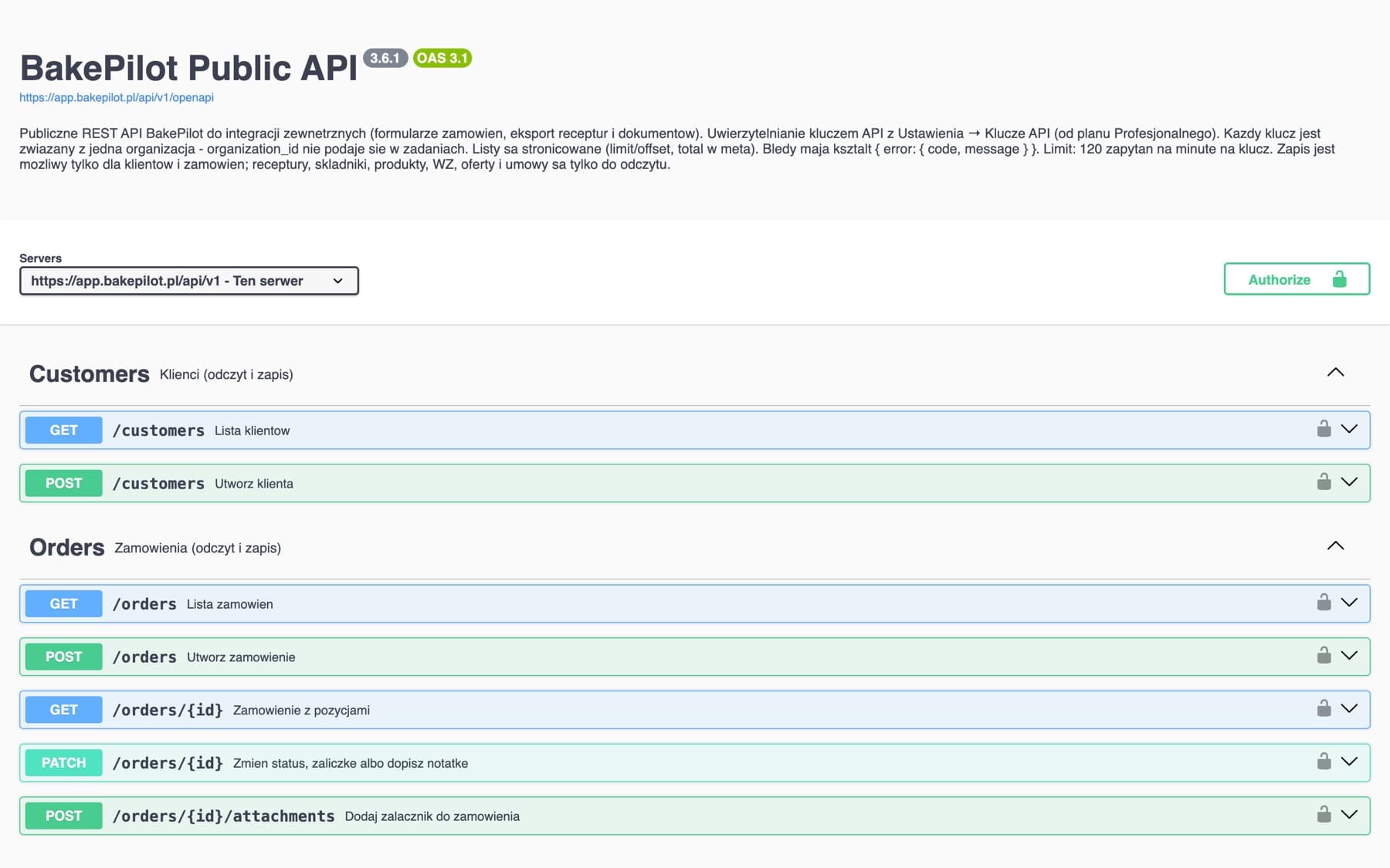 Dokumentacja BakePilot Public API w Swagger UI: endpointy klientów, zamówień i katalogu produktów