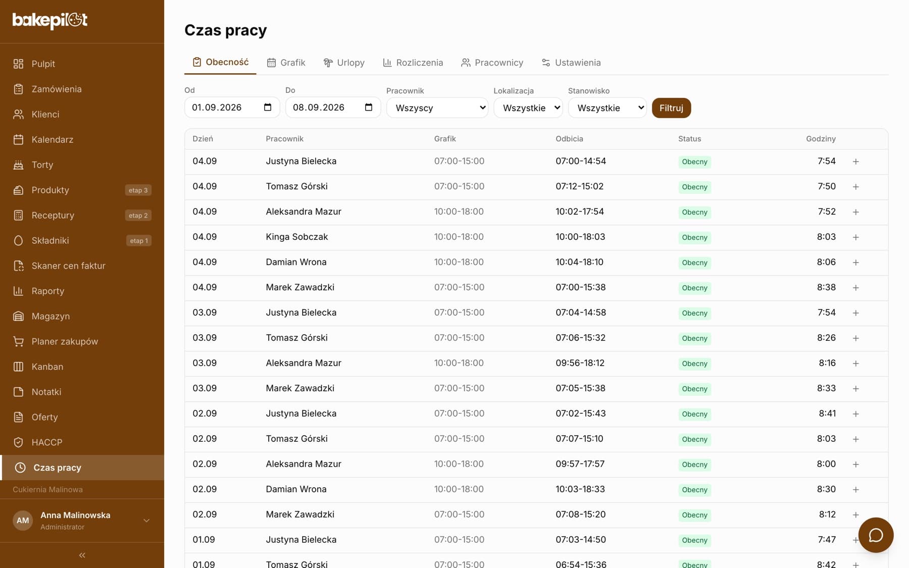 Karta Obecność z filtrami Od, Do, Pracownik, Lokalizacja, Stanowisko oraz tabelą dni: grafik 07:00-15:00, odbicia, status Obecny i policzone godziny