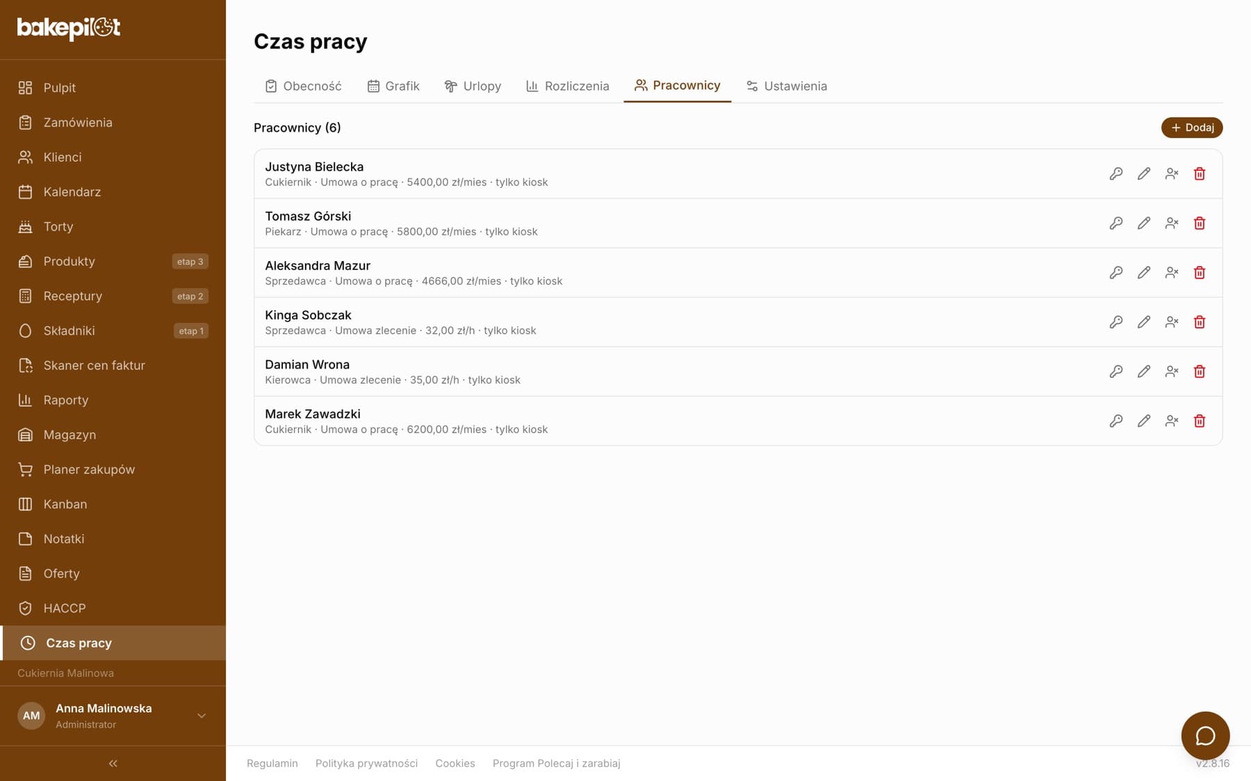 Karta Pracownicy w module Czas pracy z listą sześciu pracowników: stanowisko, rodzaj umowy, stawka i oznaczenie tylko kiosk