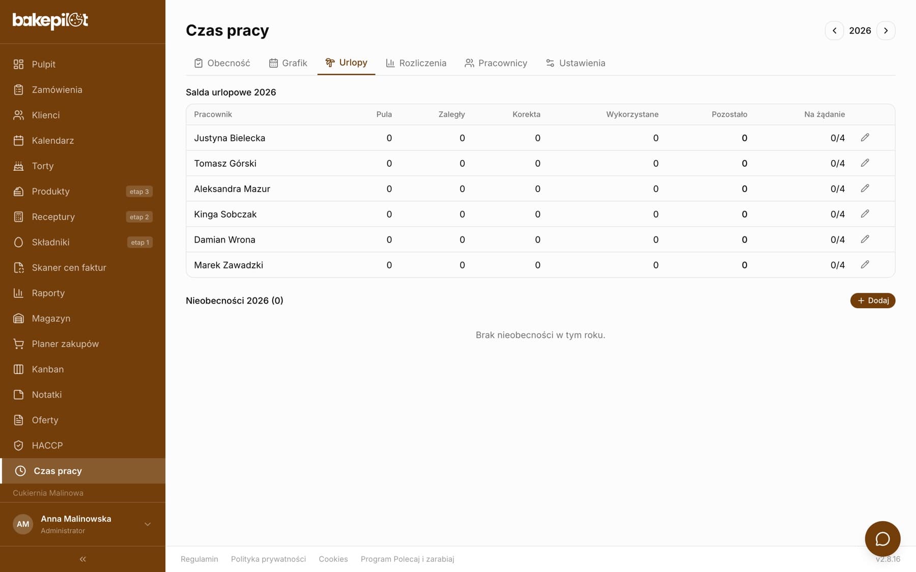Karta Urlopy z tabelą Salda urlopowe 2026: kolumny Pula, Zaległy, Korekta, Wykorzystane, Pozostało, Na żądanie dla sześciu pracowników oraz sekcja Nieobecności 2026 z przyciskiem Dodaj
