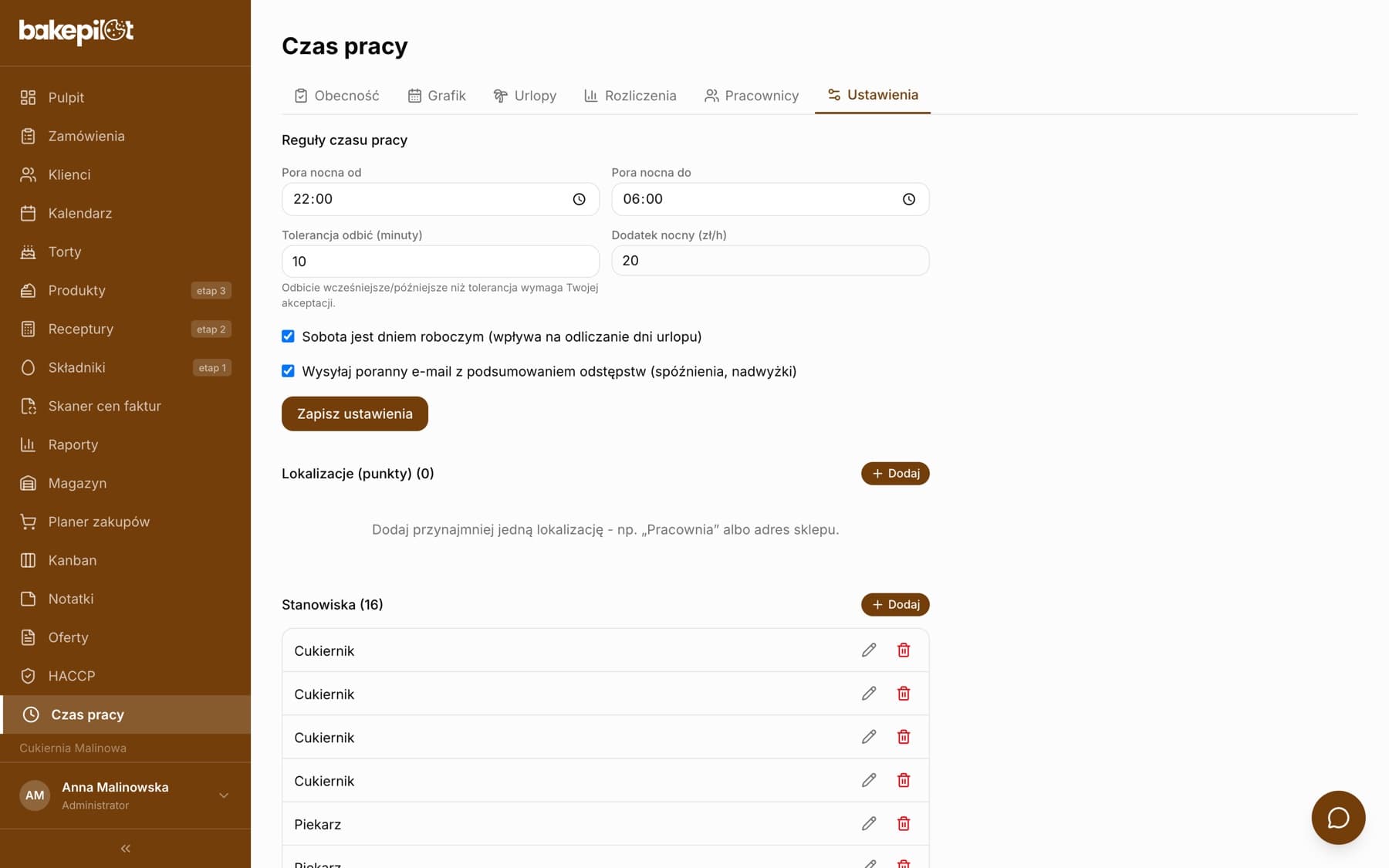 Karta Ustawienia modułu Czas pracy: Reguły czasu pracy z polami Pora nocna od, Pora nocna do, Tolerancja odbić (minuty), Dodatek nocny, dwa pola wyboru oraz sekcje Lokalizacje (punkty) i Stanowiska