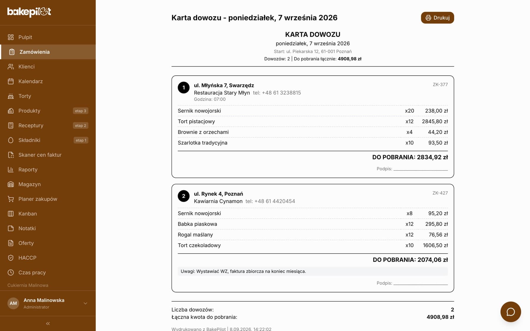 Wydruk Karta dowozu na poniedziałek 7 września 2026 z dwiema dostawami: adres, klient, telefon, pozycje, kwota do pobrania, podpis, na dole liczba dowozów i łączna kwota