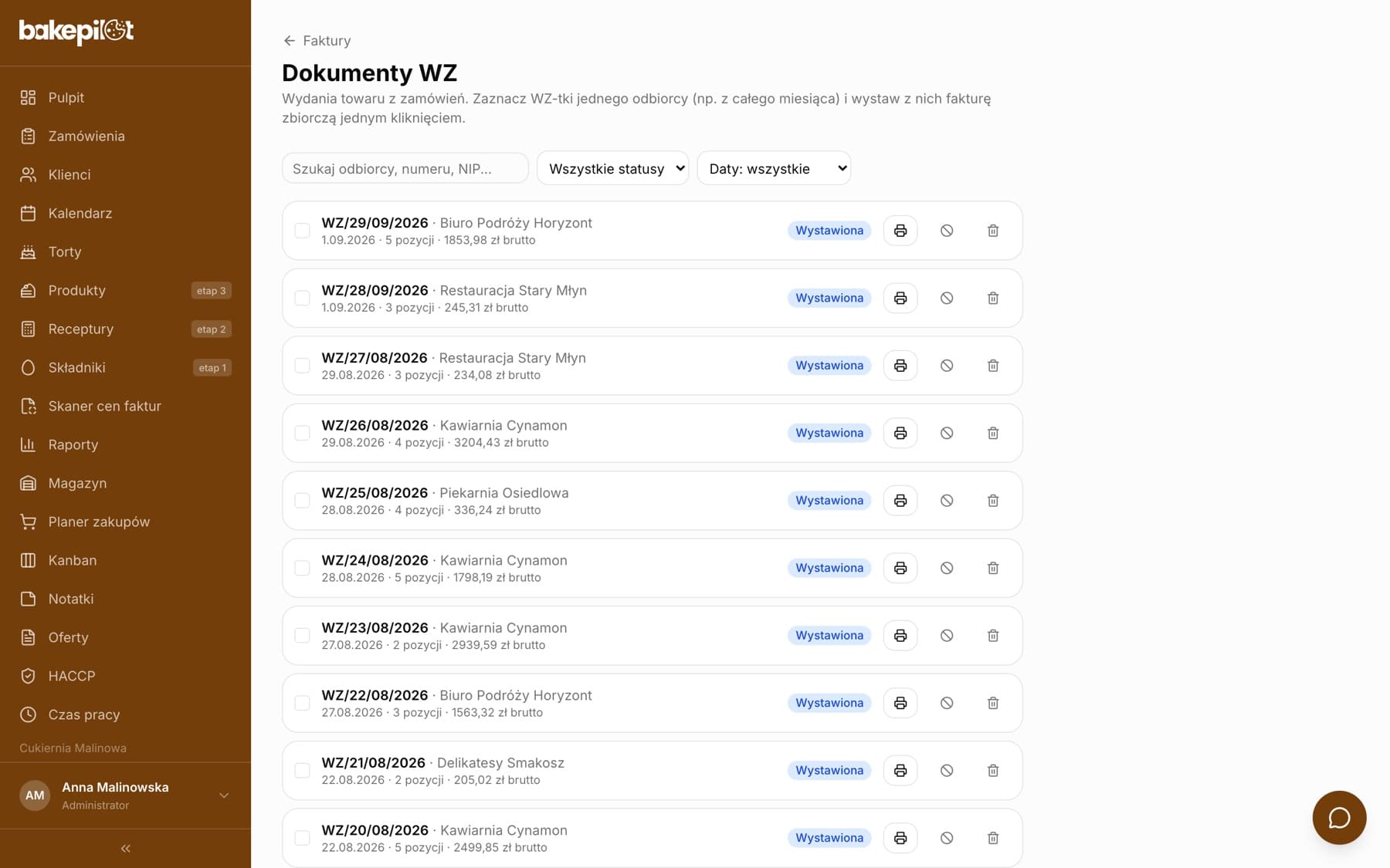 Lista dokumentów WZ z polami wyboru, statusami Wystawiona oraz ikonami drukowania, anulowania i usuwania