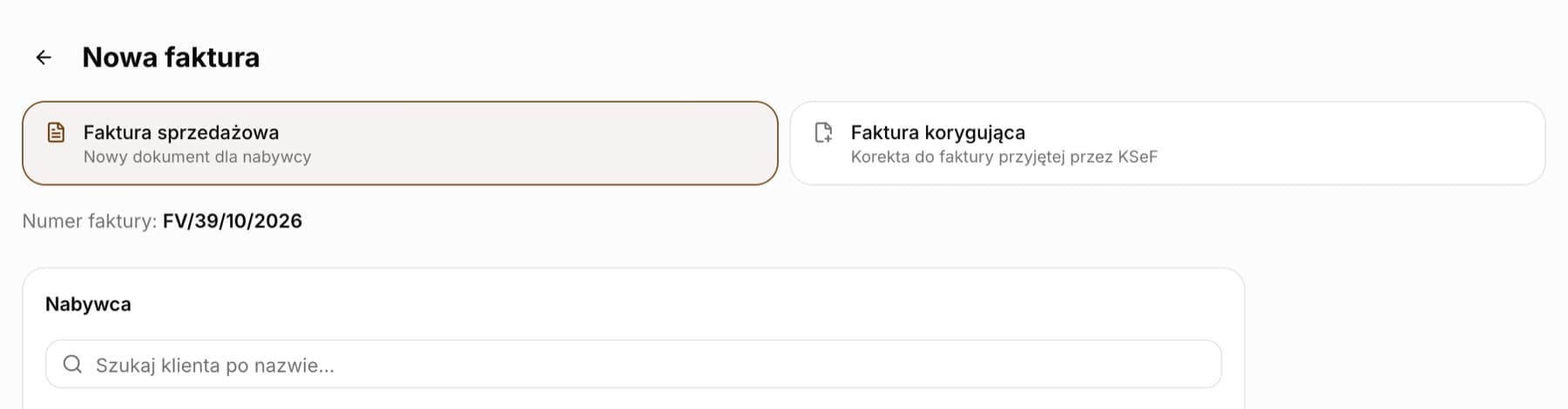 Strona Nowa faktura z dwoma kafelkami rodzaju: Faktura sprzedażowa (Nowy dokument dla nabywcy) i Faktura korygująca (Korekta do faktury przyjętej przez KSeF)
