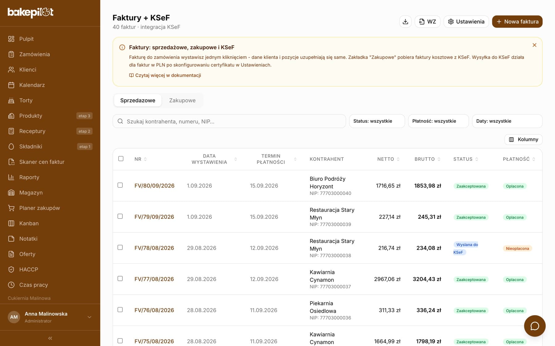 Lista faktur sprzedażowych z kolumnami Nr, Data wystawienia, Termin płatności, Kontrahent, Netto, Brutto, Status i Płatność