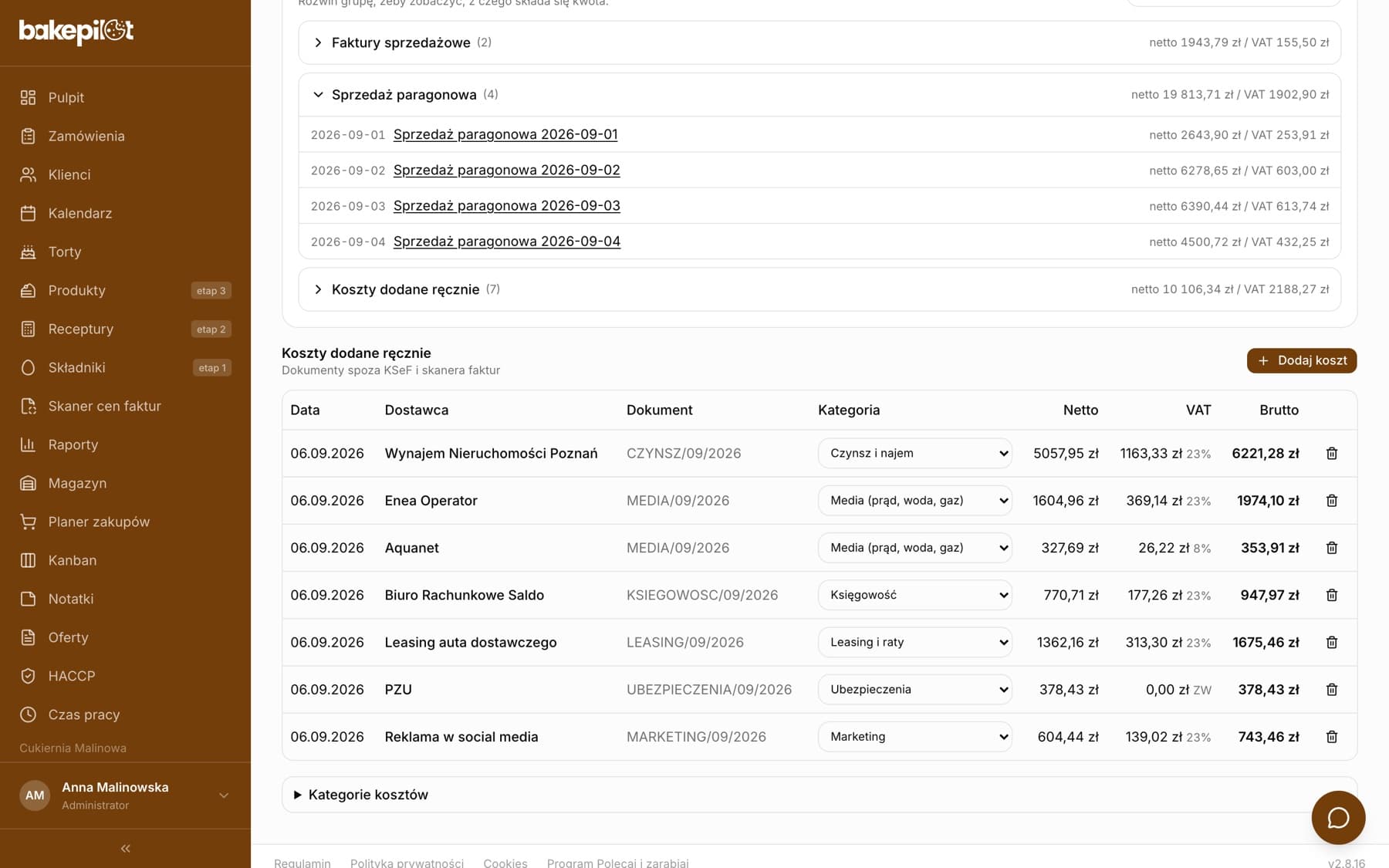 Sekcja Koszty dodane ręcznie z tabelą siedmiu kosztów: data, dostawca, dokument, lista Kategoria, netto, VAT, brutto oraz przycisk Dodaj koszt