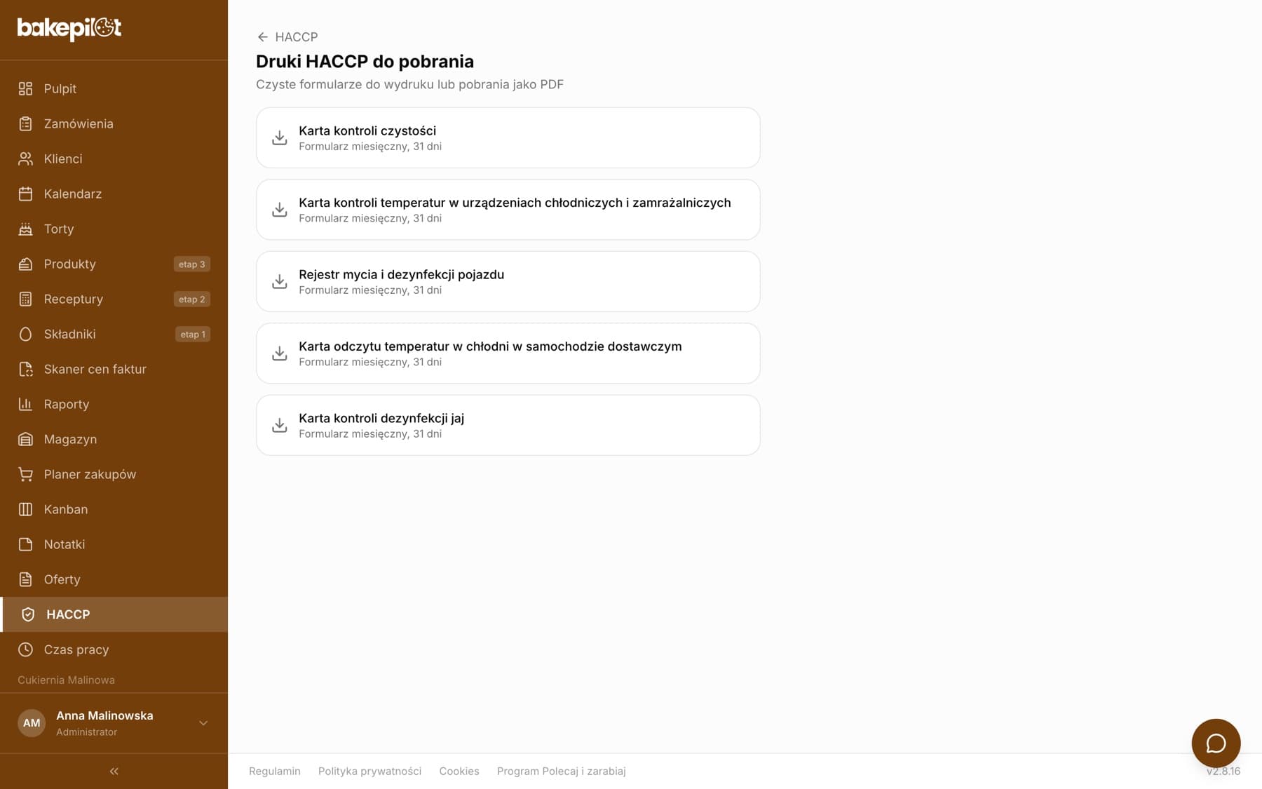 Strona Druki HACCP do pobrania z pięcioma czystymi formularzami miesięcznymi do wydruku lub zapisu jako PDF