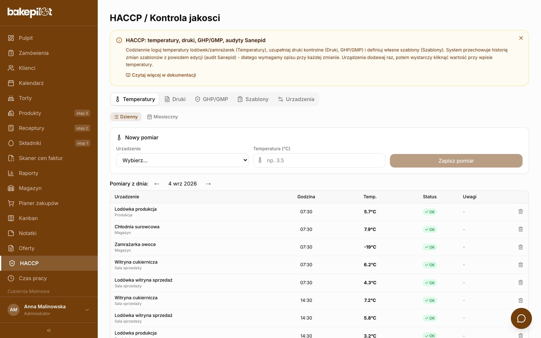 Zakładka HACCP z kartami Temperatury, Druki, GHP/GMP, Szablony, Urządzenia, formularzem Nowy pomiar i listą pomiarów z dnia 4 września 2026 ze statusami OK