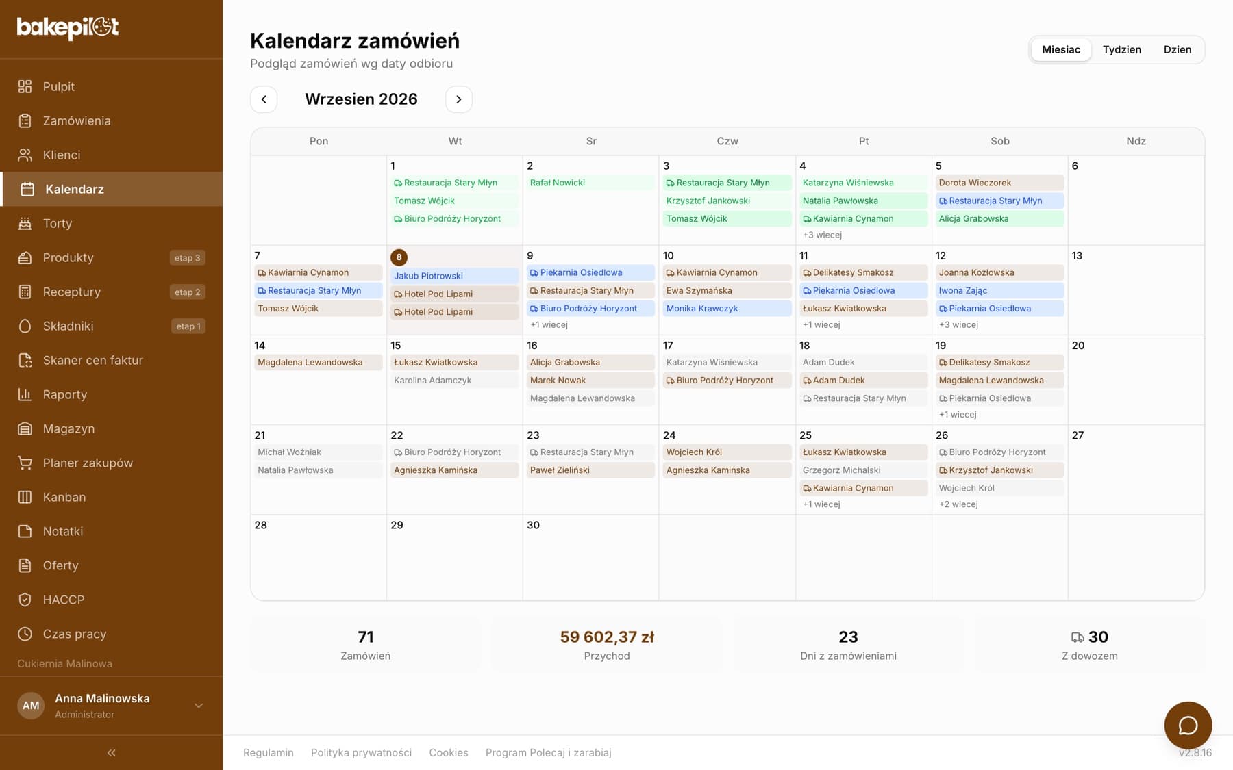 Widok miesięczny kalendarza zamówień na wrzesień 2026 z nazwiskami klientów w dniach i podsumowaniem 71 zamówień, przychód, dni z zamówieniami, z dowozem