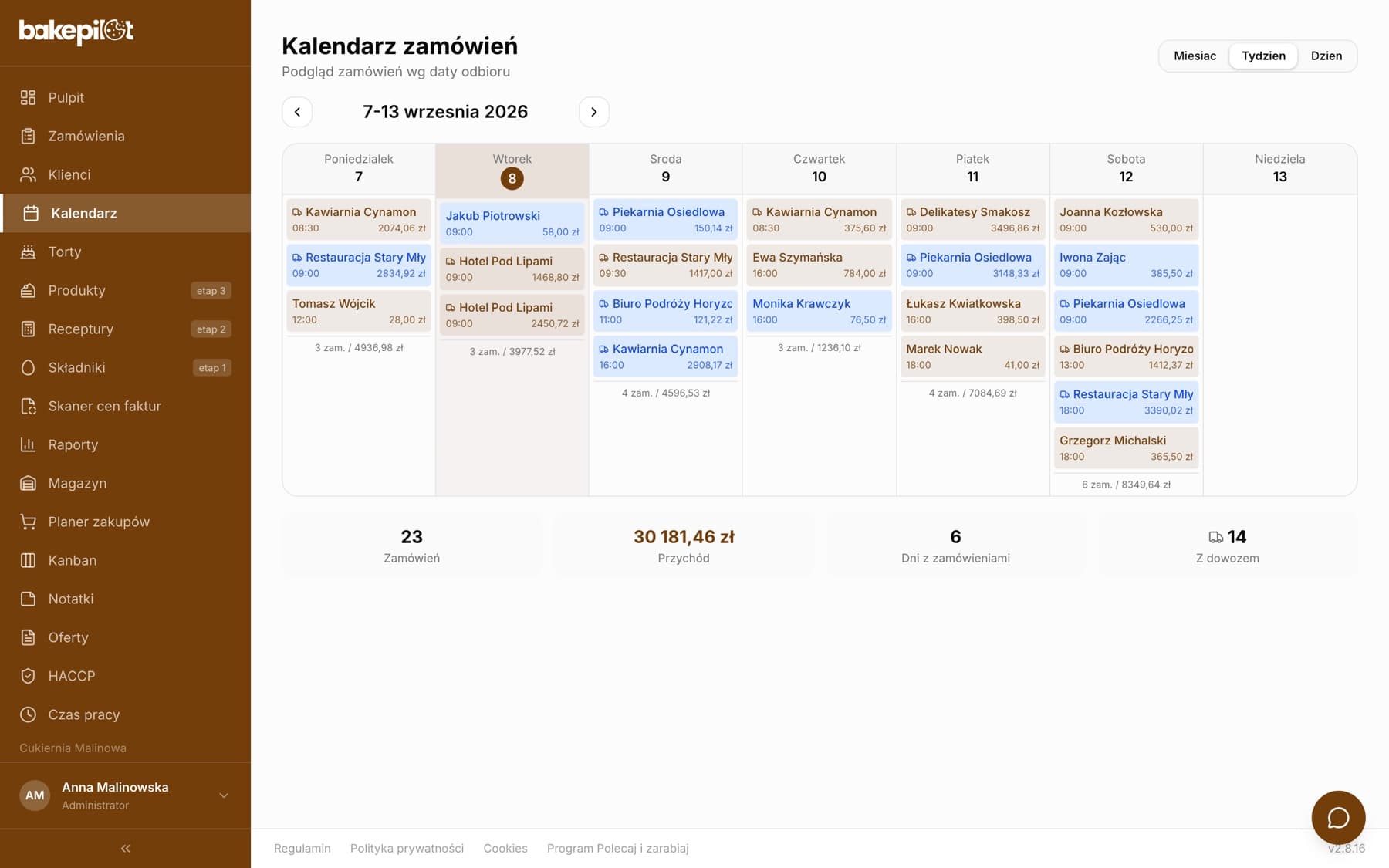 Widok tygodniowy 7-13 września 2026 z kartami zamówień, godziną i kwotą w każdym dniu oraz podsumowaniem tygodnia