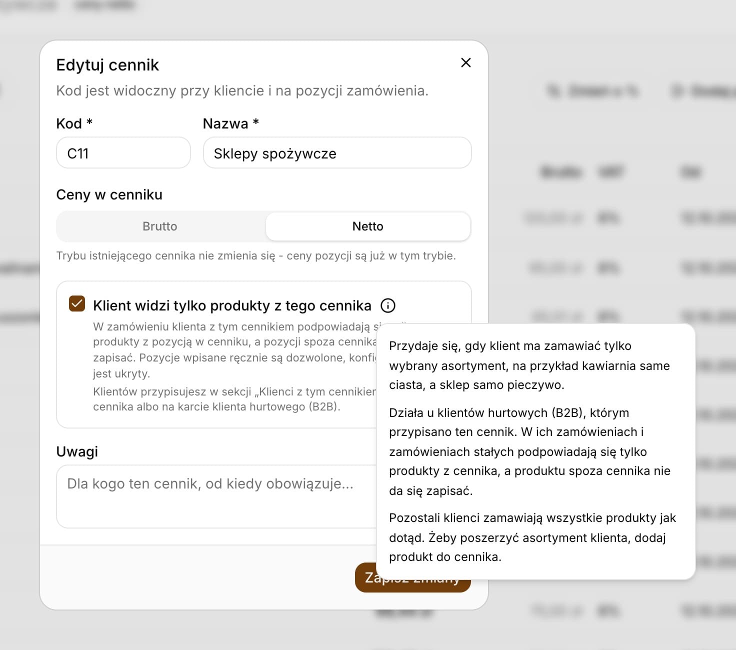 Okno Edytuj cennik C11 Sklepy spożywcze z zaznaczoną opcją Klient widzi tylko produkty z tego cennika i rozwiniętą ikoną informacji wyjaśniającą, kiedy zaznaczyć tę opcję