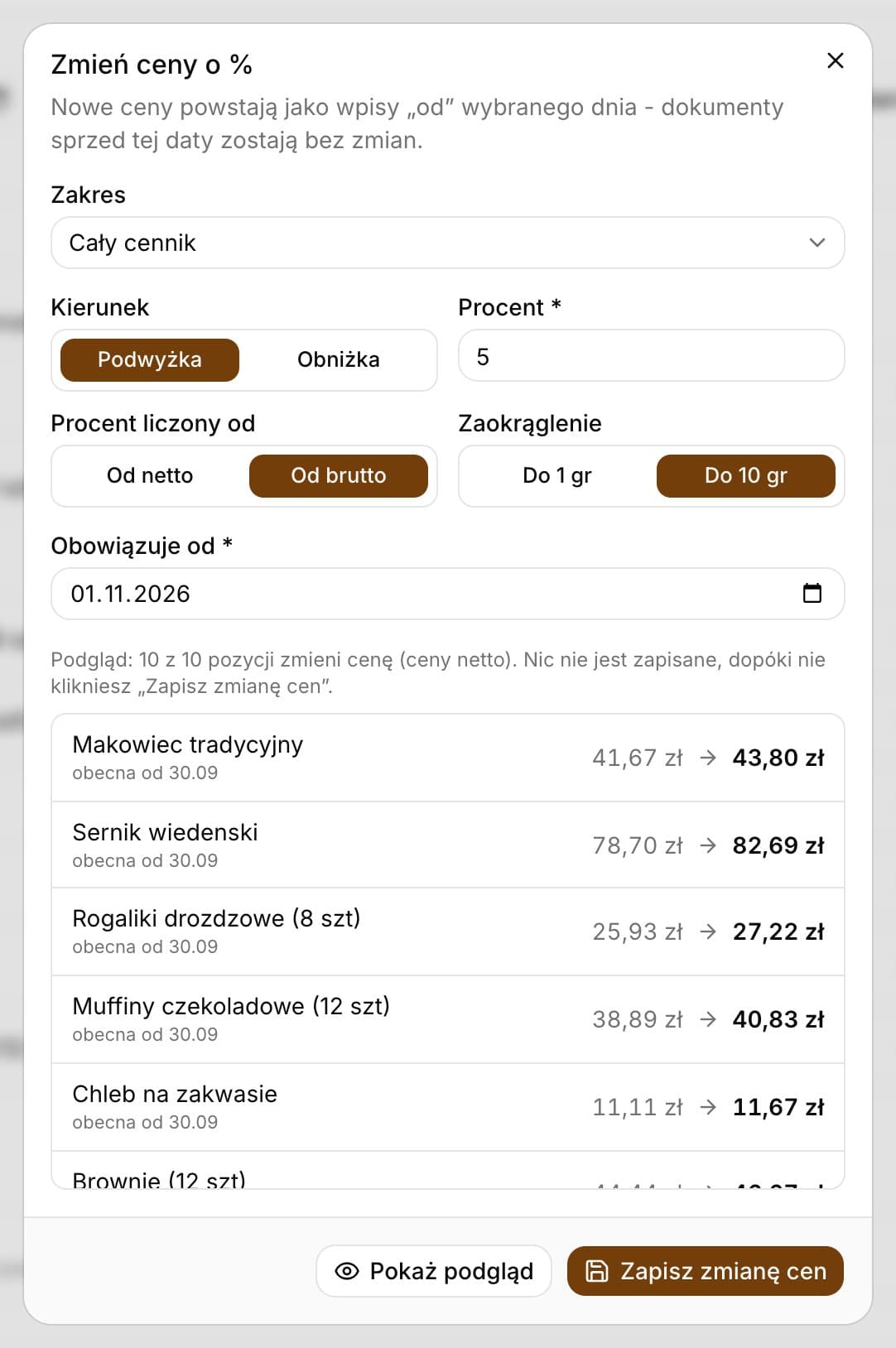 Okno Zmień ceny o % z zakresem Cały cennik, podwyżką 5% liczoną od brutto, zaokrągleniem do 10 gr, datą Obowiązuje od 01.11.2026 i podglądem cen obecnych i nowych