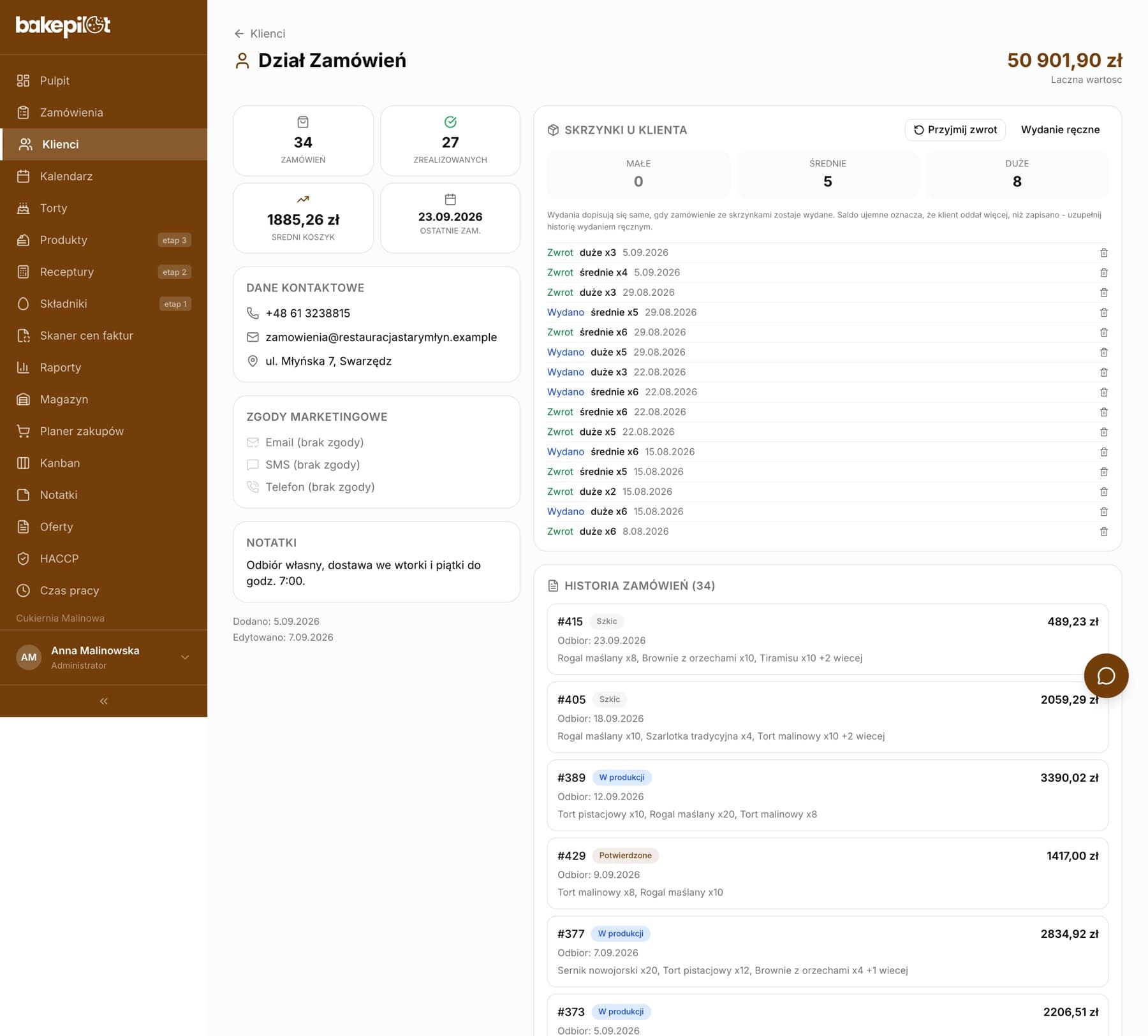 Karta klienta w BakePilot: kafelki Zamówień, Zrealizowanych, Średni koszyk i Ostatnie zamówienie, dane kontaktowe, zgody marketingowe, notatki, sekcja Skrzynki u klienta oraz początek historii zamówień