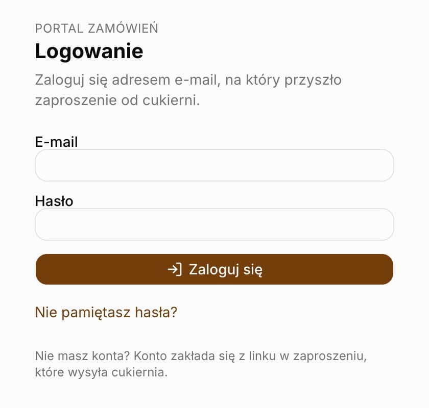 Strona Logowanie portalu zamówień z polami E-mail i Hasło, przyciskiem Zaloguj się, linkiem Nie pamiętasz hasła? i informacją, że konto zakłada się z linku w zaproszeniu od cukierni