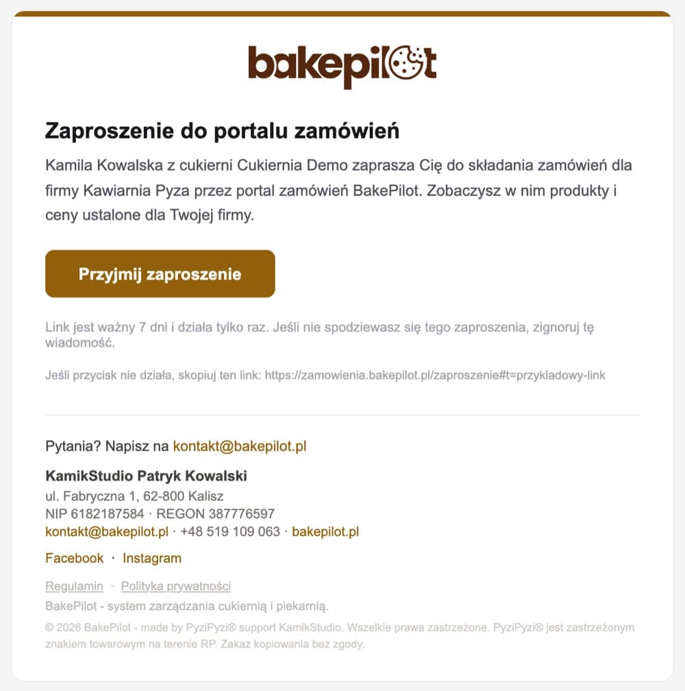 E-mail Zaproszenie do portalu zamówień: Kamila Kowalska z cukierni Cukiernia Demo zaprasza do składania zamówień dla firmy Kawiarnia Pyza, przycisk Przyjmij zaproszenie i informacja, że link jest ważny 7 dni i działa tylko raz
