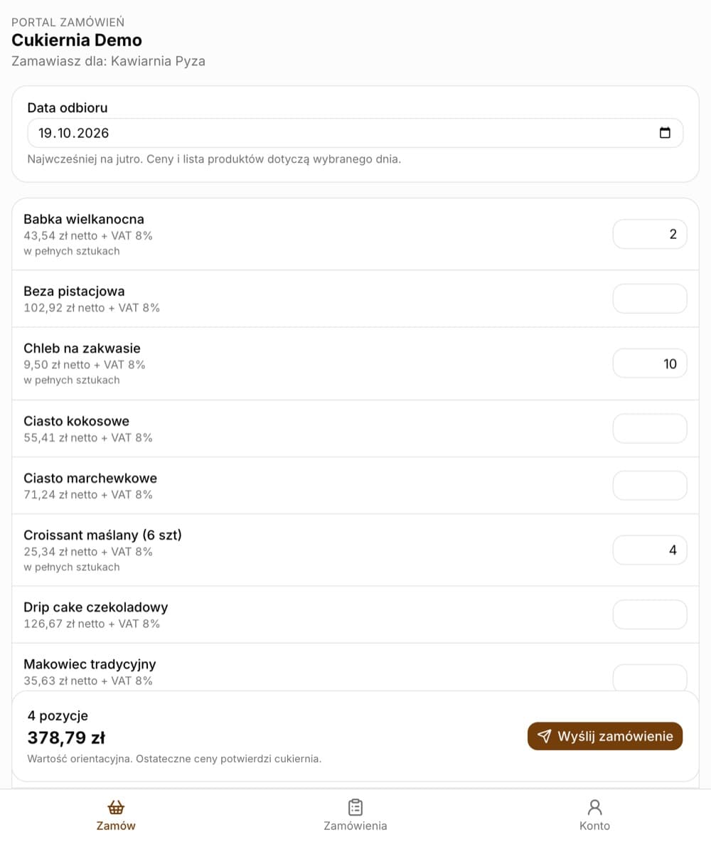 Zakładka Zamów w portalu: Cukiernia Demo, Zamawiasz dla: Kawiarnia Pyza, Data odbioru 19.10.2026, lista produktów z cenami netto i VAT oraz wpisanymi ilościami (Babka wielkanocna 2, Chleb na zakwasie 10, Croissant maślany 4), na dole 4 pozycje, 378,79 zł i przycisk Wyślij zamówienie