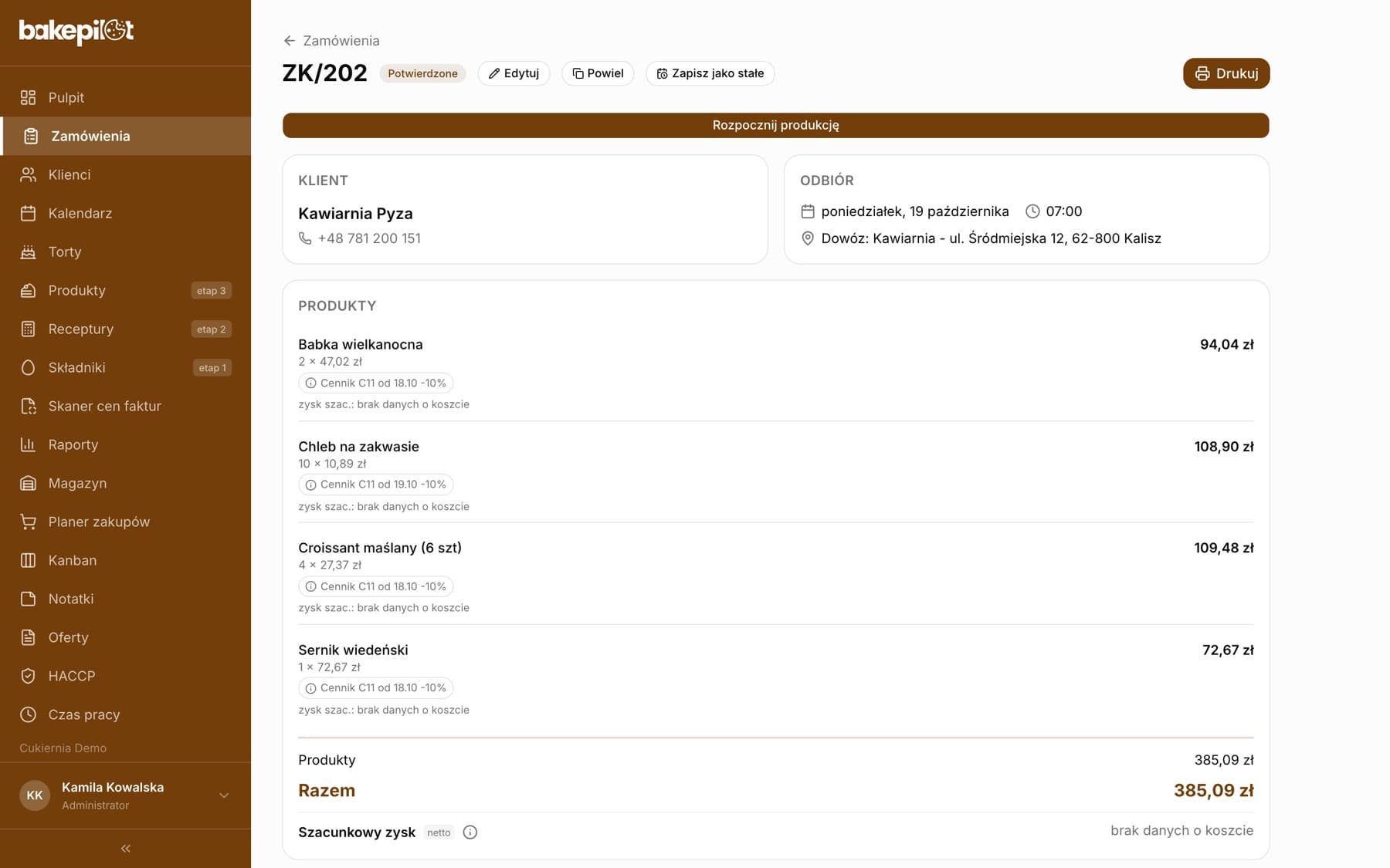Przyjęte zamówienie ZK/202 w statusie Potwierdzone: klient Kawiarnia Pyza, odbiór poniedziałek 19 października 07:00, dowóz na ul. Śródmiejską 12 w Kaliszu, cztery produkty z dopiskiem o cenniku C11 i rabacie -10% oraz suma 385,09 zł