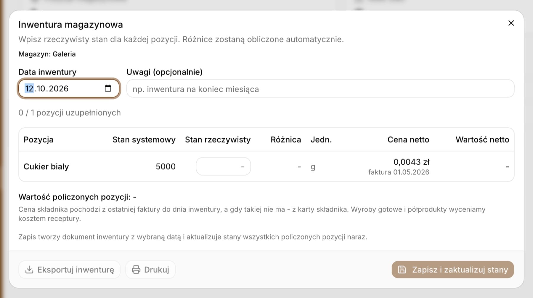 Okno Inwentura magazynowa z linią Magazyn: Galeria, datą inwentury, jedną pozycją Cukier biały ze stanem systemowym 5000 g oraz przyciskiem Zapisz i zaktualizuj stany