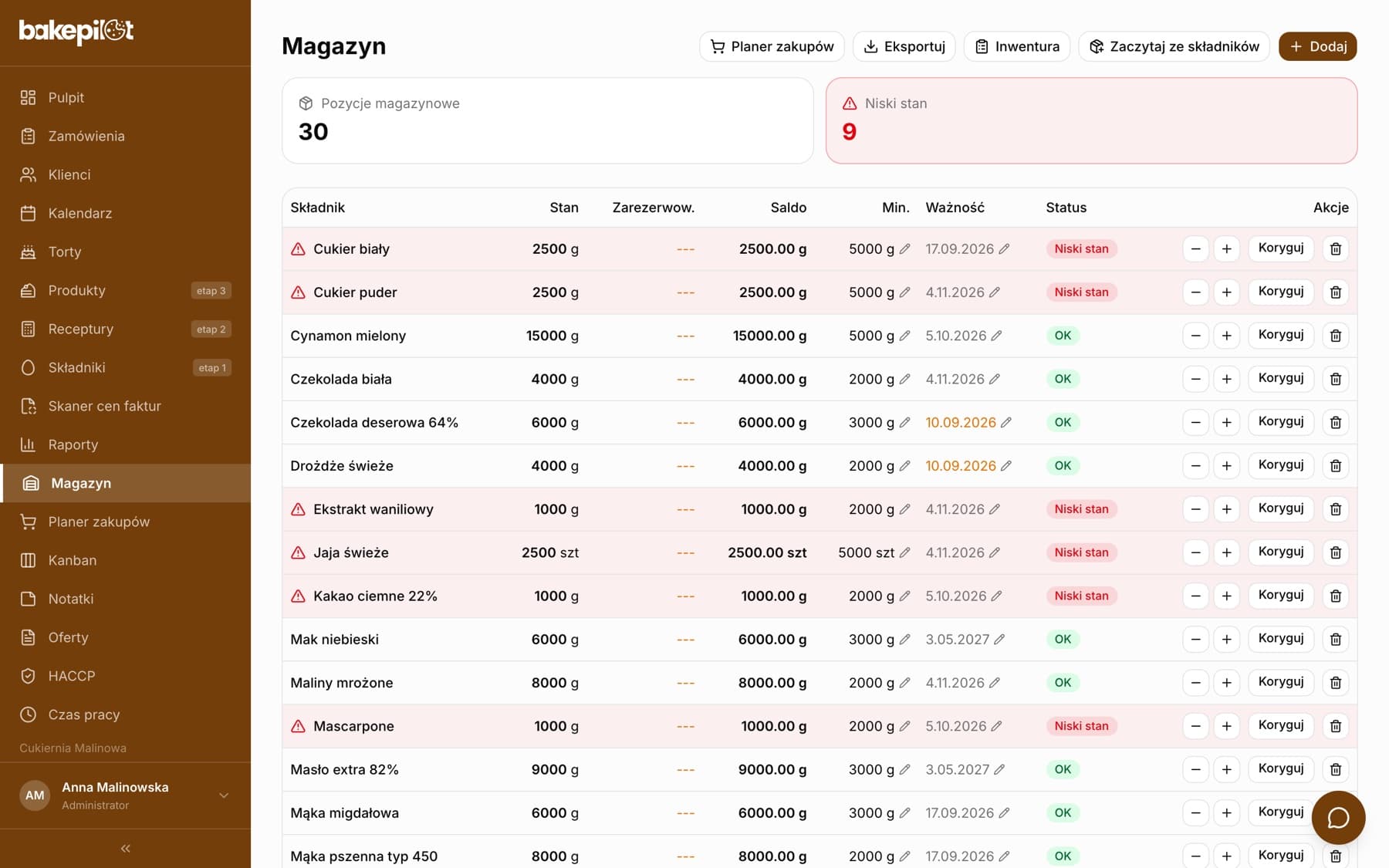 Tabela magazynu z kolumnami Stan, Saldo, Min., Ważność i Status oraz licznikami Pozycje magazynowe i Niski stan