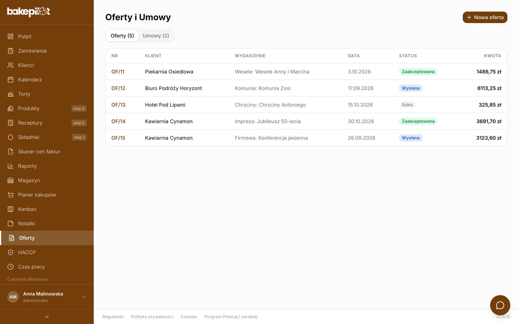 Lista ofert w module Oferty i Umowy: pięć ofert z numerem, klientem, wydarzeniem, datą, statusem i kwotą