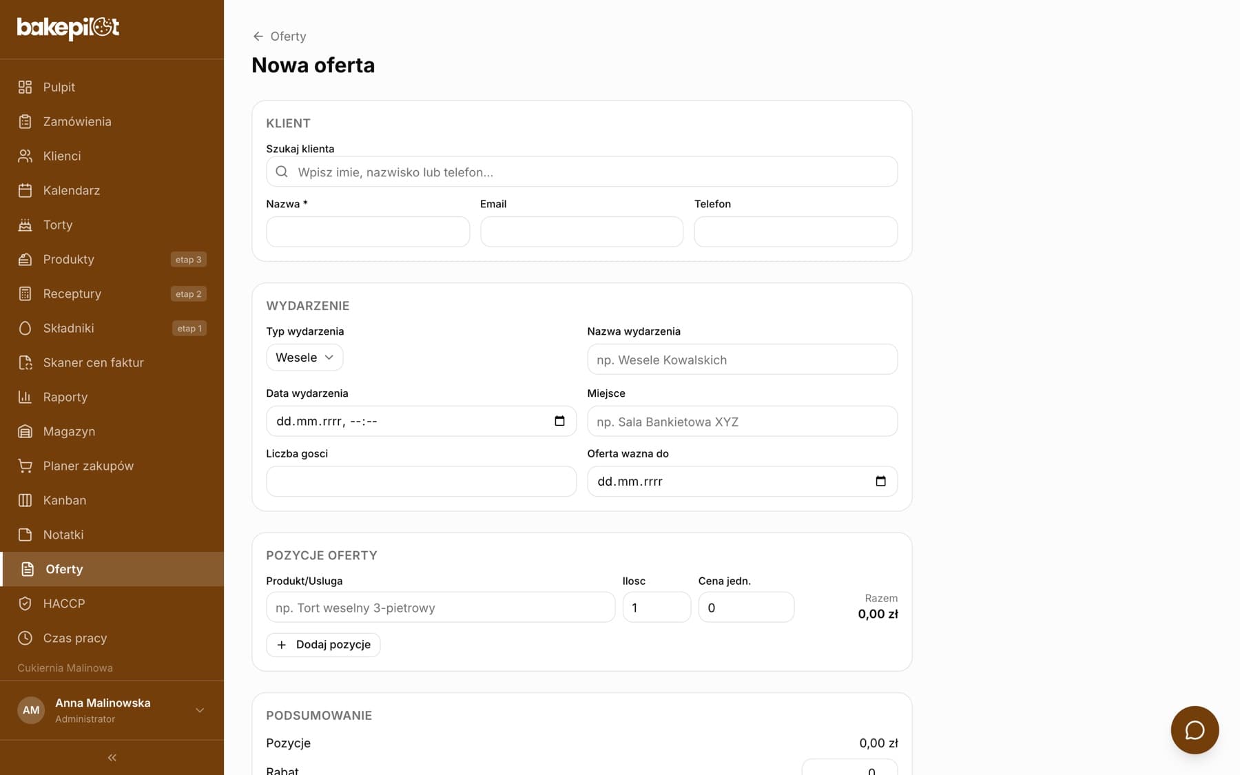 Formularz Nowa oferta z sekcjami Klient, Wydarzenie z polami typ, nazwa, data, miejsce, liczba gości, oferta ważna do oraz Pozycje oferty