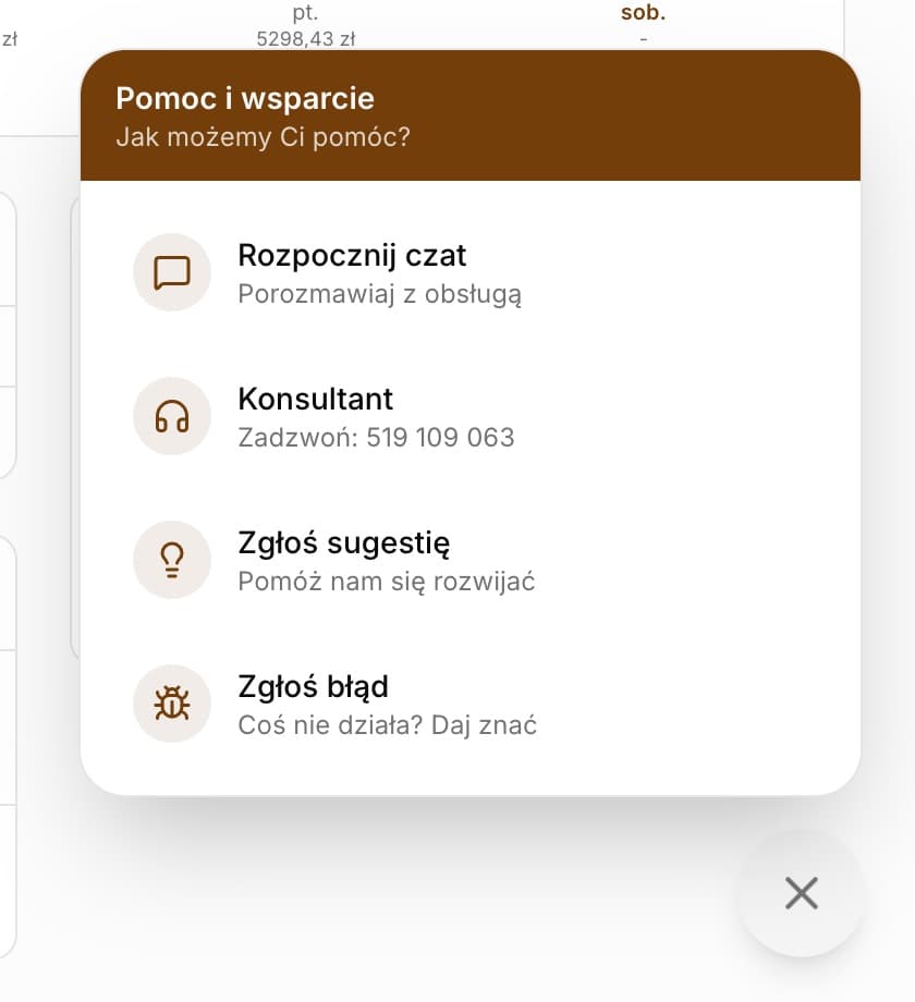 Otwarte okno czatu Pomoc i wsparcie z pytaniem Jak możemy Ci pomóc? i pozycjami Rozpocznij czat, Konsultant (Zadzwoń: 519 109 063), Zgłoś sugestię i Zgłoś błąd, pod spodem przycisk zamykania czatu