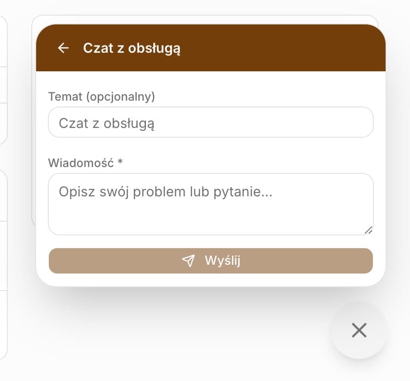 Okno Czat z obsługą z polem Temat (opcjonalny), polem Wiadomość z podpowiedzią Opisz swój problem lub pytanie... i przyciskiem Wyślij