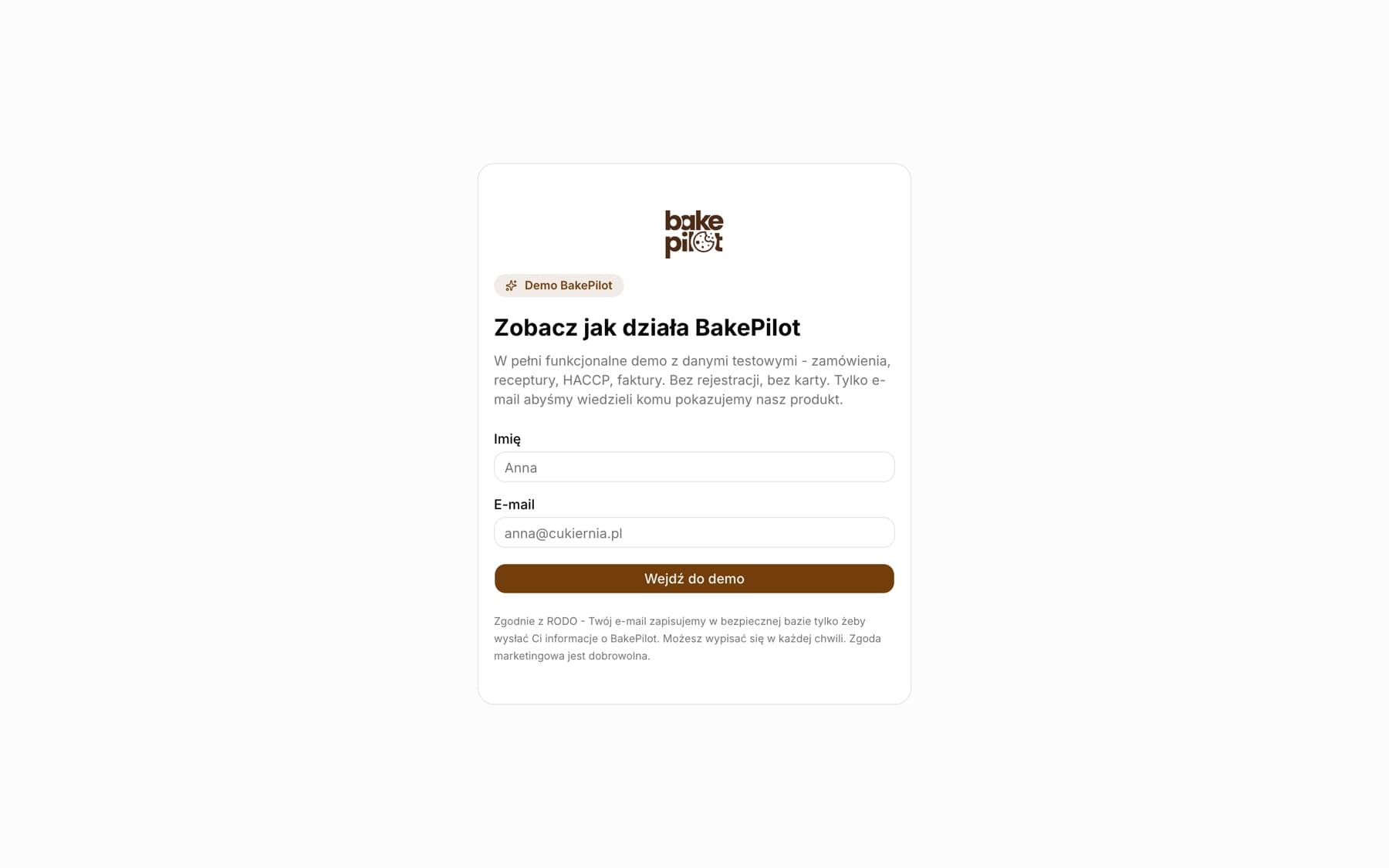 Formularz wejścia do demo BakePilot z polami Imię i E-mail oraz przyciskiem Wejdź do demo