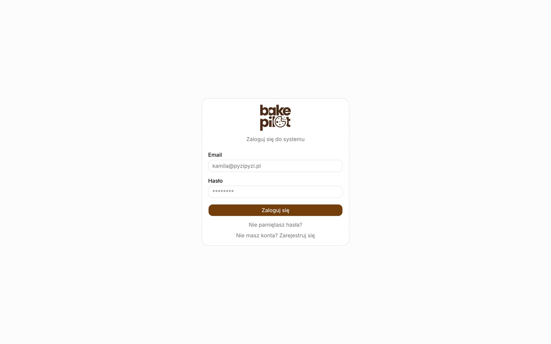 Ekran logowania BakePilot z polami Email i Hasło, przyciskiem Zaloguj się oraz linkami do resetu hasła i rejestracji