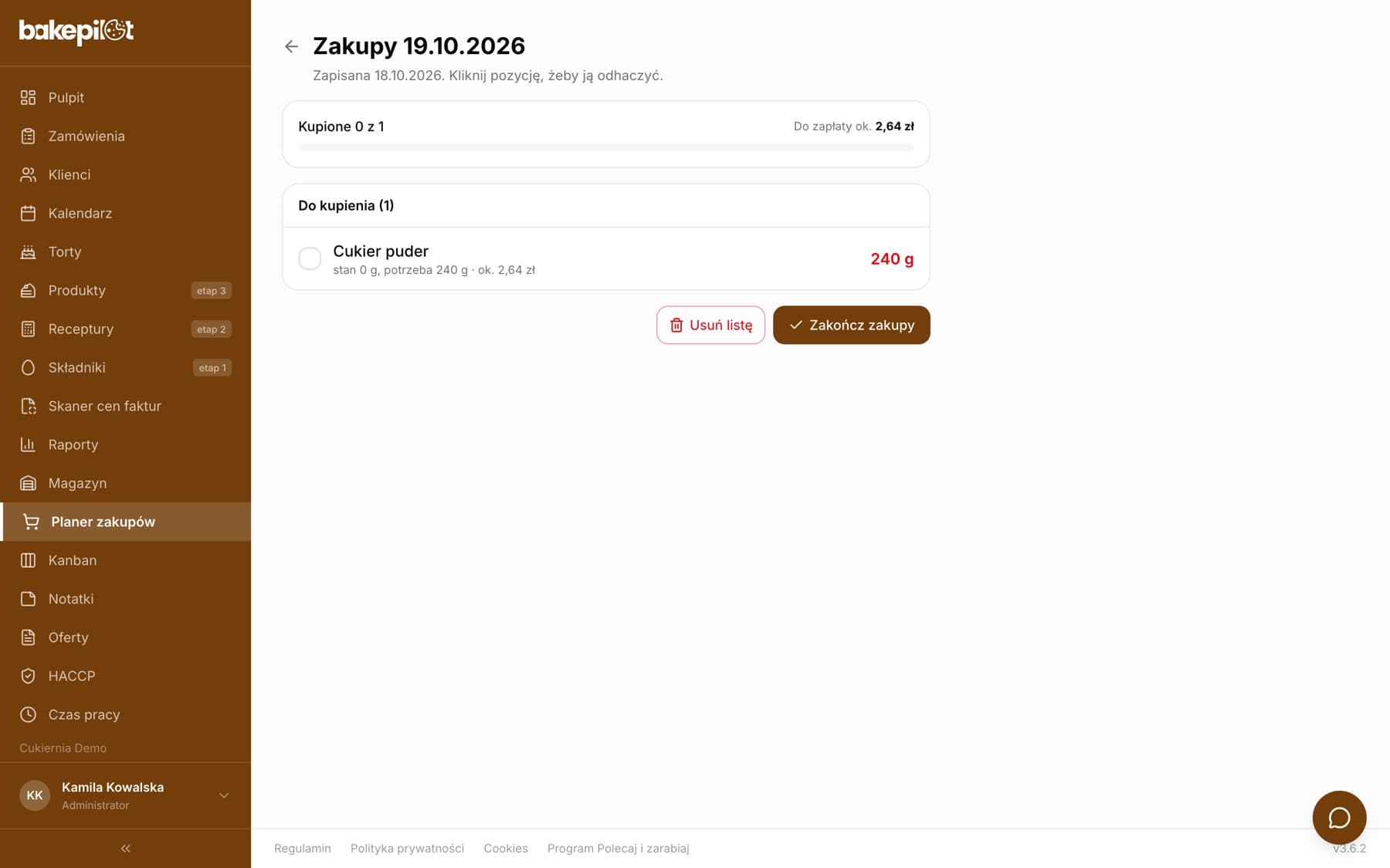 Lista zakupów BakePilot Zakupy 19.10.2026: pasek Kupione 0 z 1, kwota Do zapłaty ok. 2,64 zł, sekcja Do kupienia z pozycją Cukier puder 240 g (stan 0 g, potrzeba 240 g) oraz przyciski Usuń listę i Zakończ zakupy