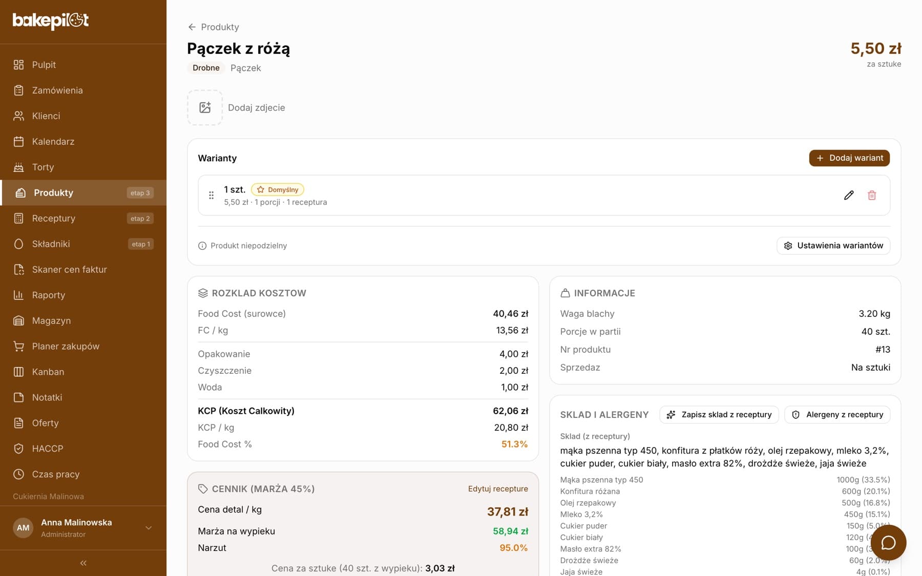 Karta produktu Pączek z różą z wariantem 1 szt., rozkładem kosztów i cennikiem