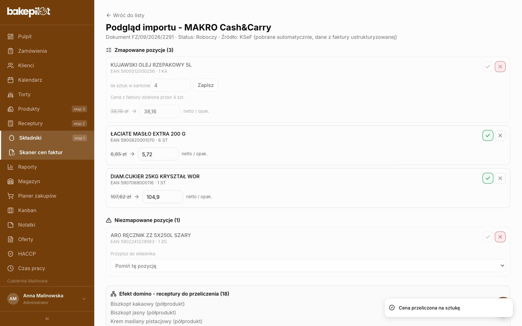 Pozycja oleju po wpisaniu 4 sztuk: napis „Cena z faktury dzielona przez 4 szt.” i cena 38,16 zł za butelkę