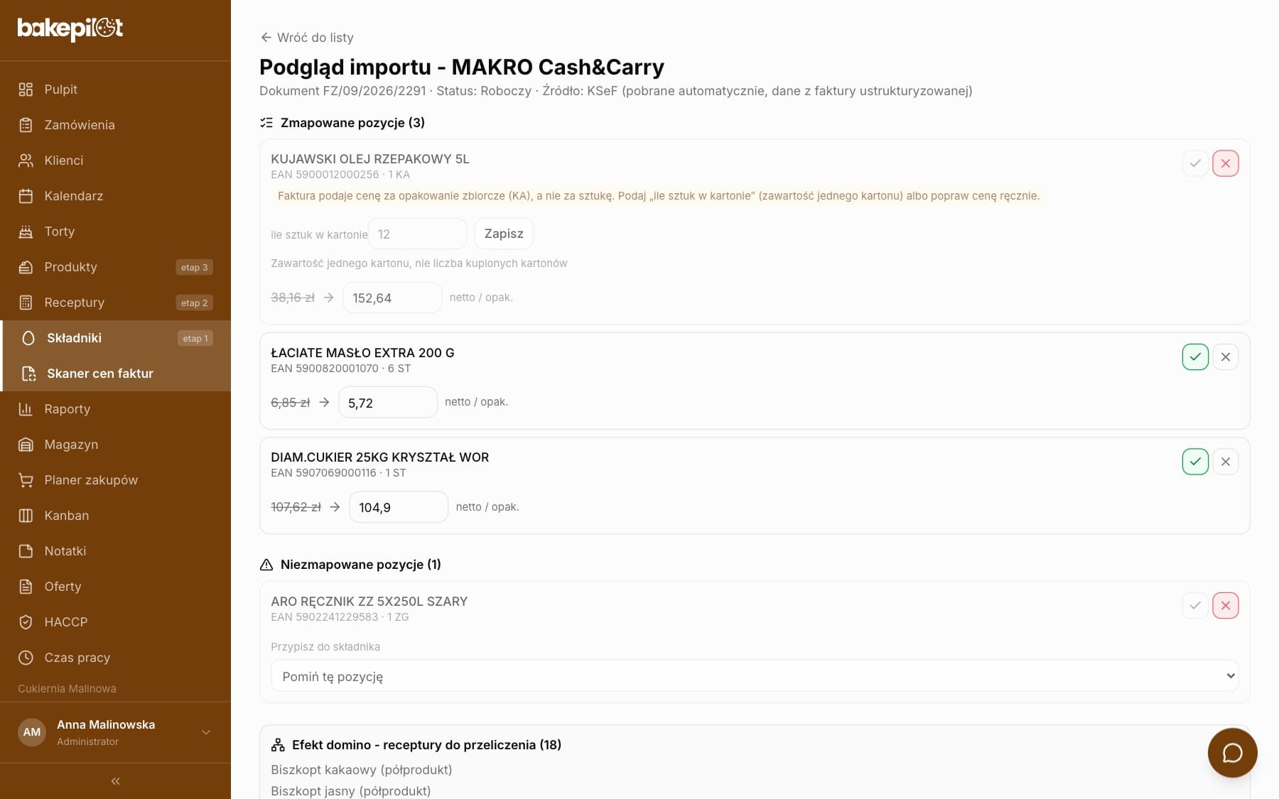 Podgląd importu faktury MAKRO: olej 5 l w jednostce KA z ostrzeżeniem o opakowaniu zbiorczym i polem „ile sztuk w kartonie”