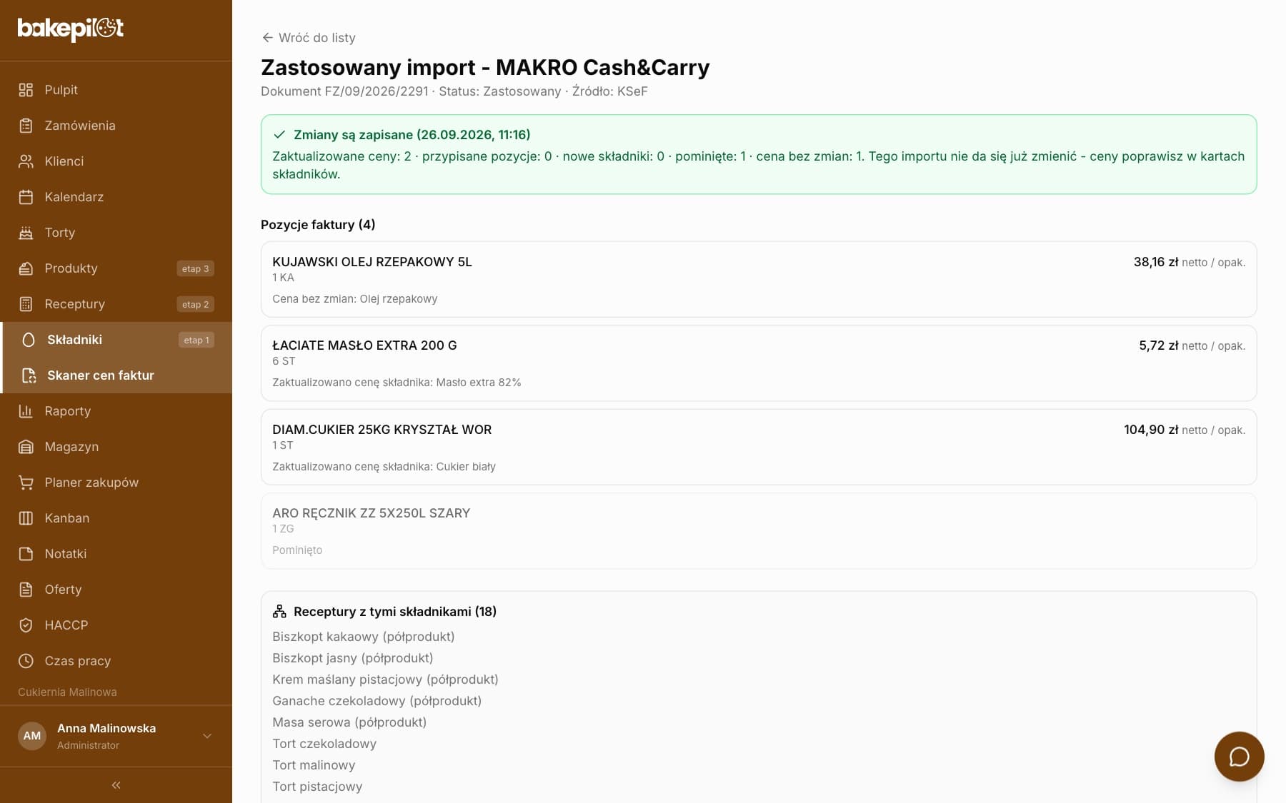 Zastosowany import faktury MAKRO z zielonym paskiem „Zmiany są zapisane” i listą pozycji z wynikiem przy każdej