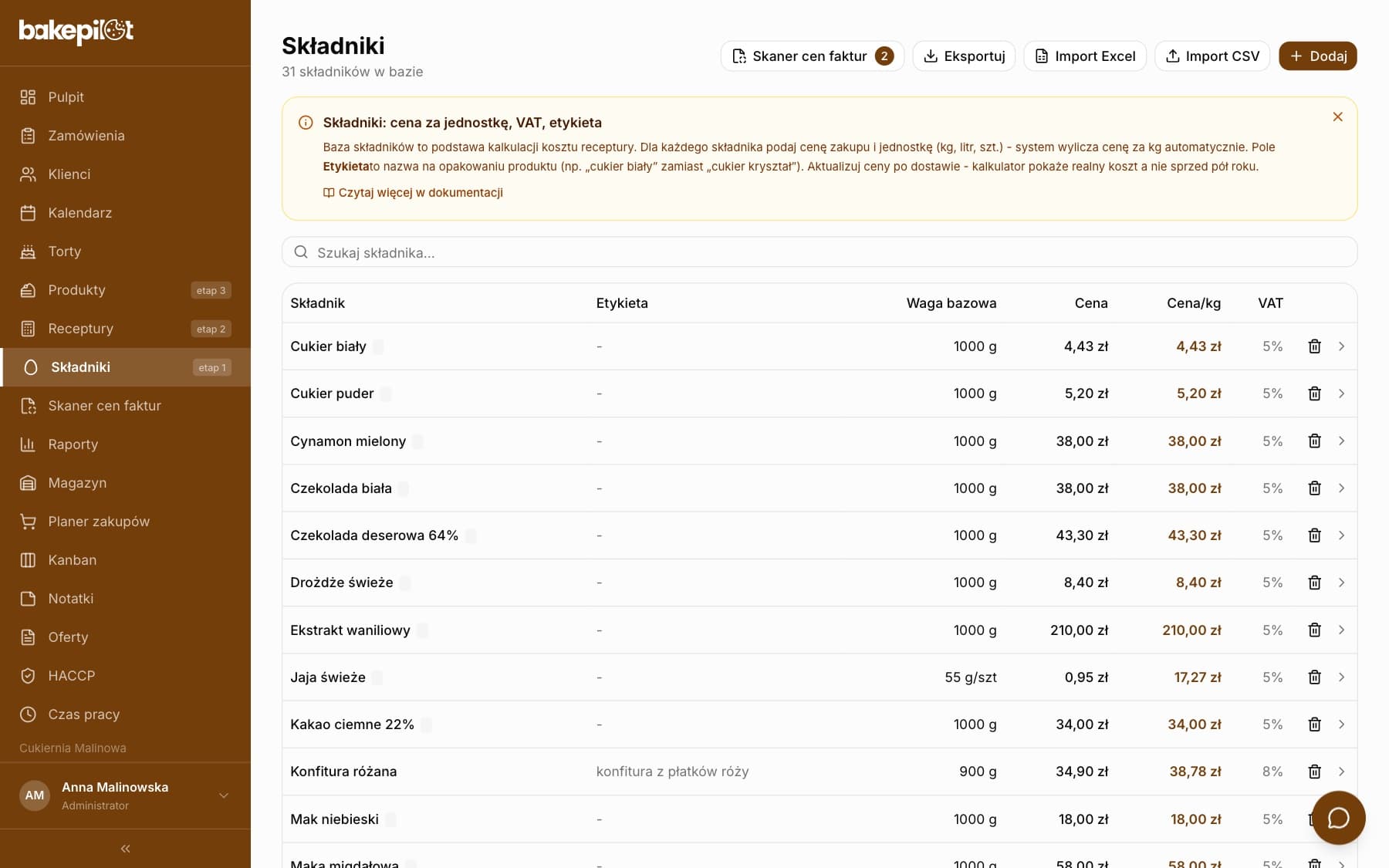 Lista składników z przyciskami Skaner cen faktur, Eksportuj, Import Excel, Import CSV i Dodaj
