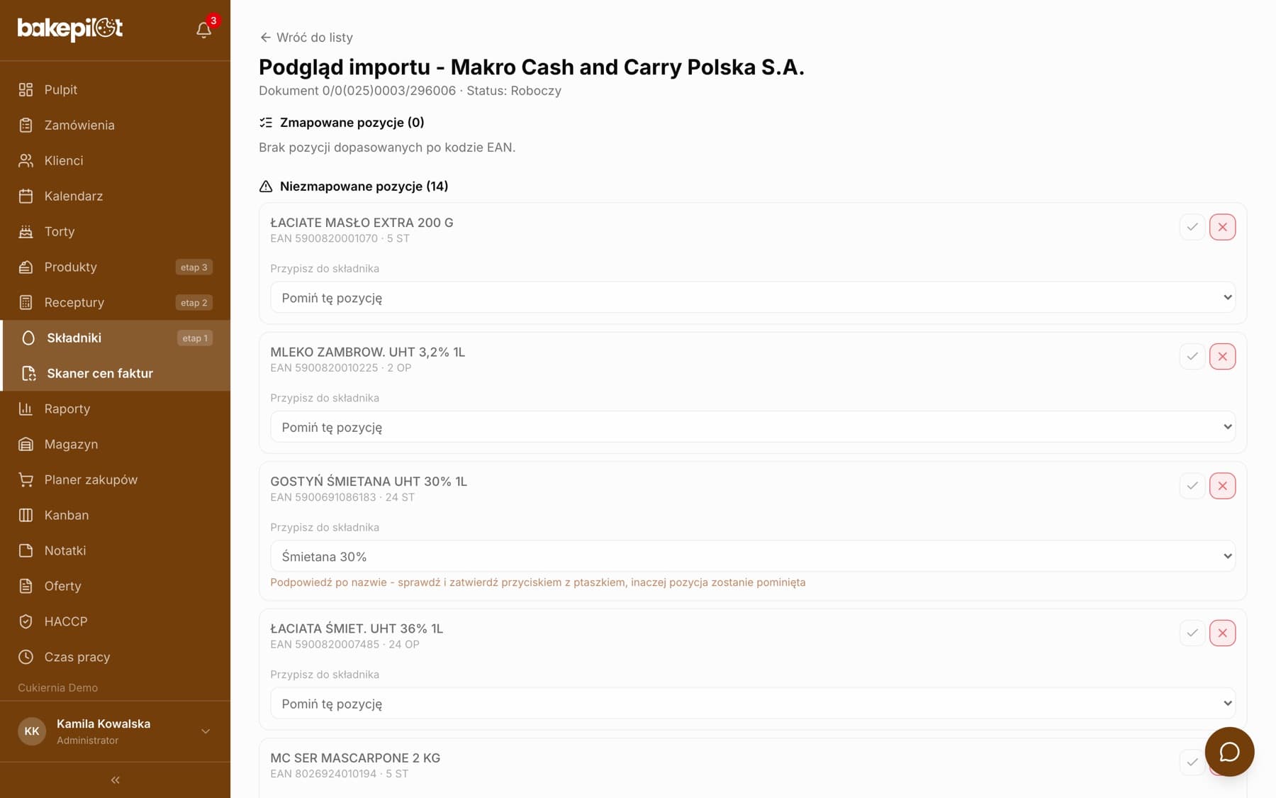 Podgląd importu faktury Makro w statusie Roboczy: Zmapowane pozycje 0, Niezmapowane pozycje 14, przy każdej pozycji lista Przypisz do składnika, przy śmietanie podpowiedź po nazwie do zatwierdzenia ptaszkiem