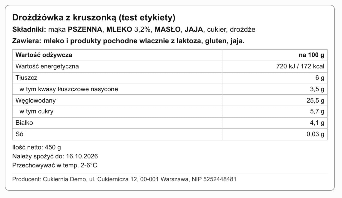 Podgląd etykiety: wykaz Składniki z alergenami pogrubionymi wielkimi literami, tabela wartości odżywczej na 100 g, ilość netto, termin i producent
