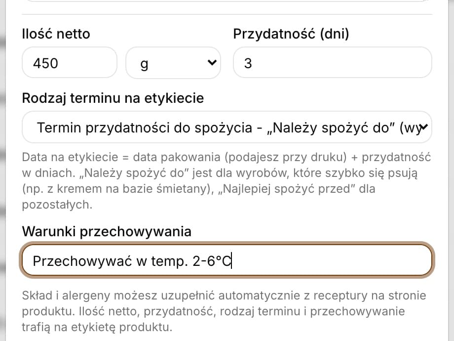Sekcja Skład i alergeny w oknie produktu: Ilość netto 450 g, Przydatność 3 dni, Rodzaj terminu na etykiecie i Warunki przechowywania