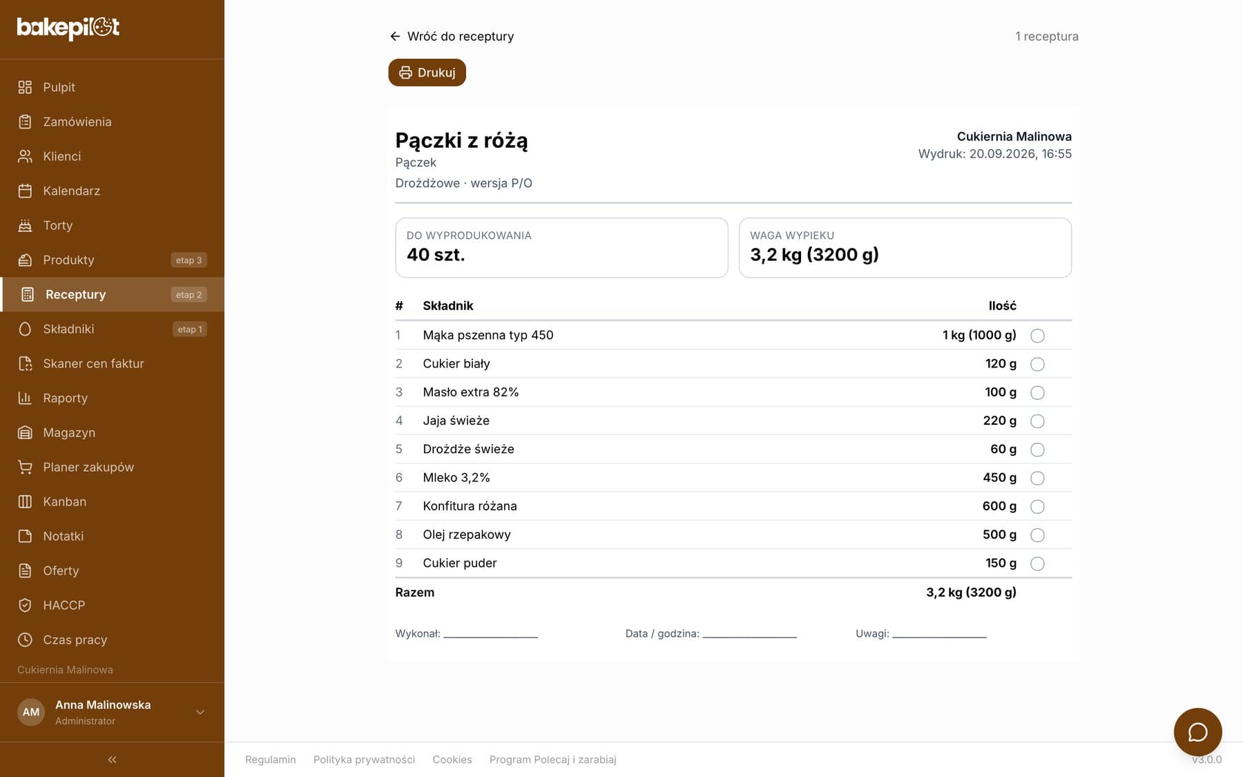 Strona wydruku receptury Pączki z różą w ilościach bazowych na 40 sztuk z tabelą składników i miejscem na podpis