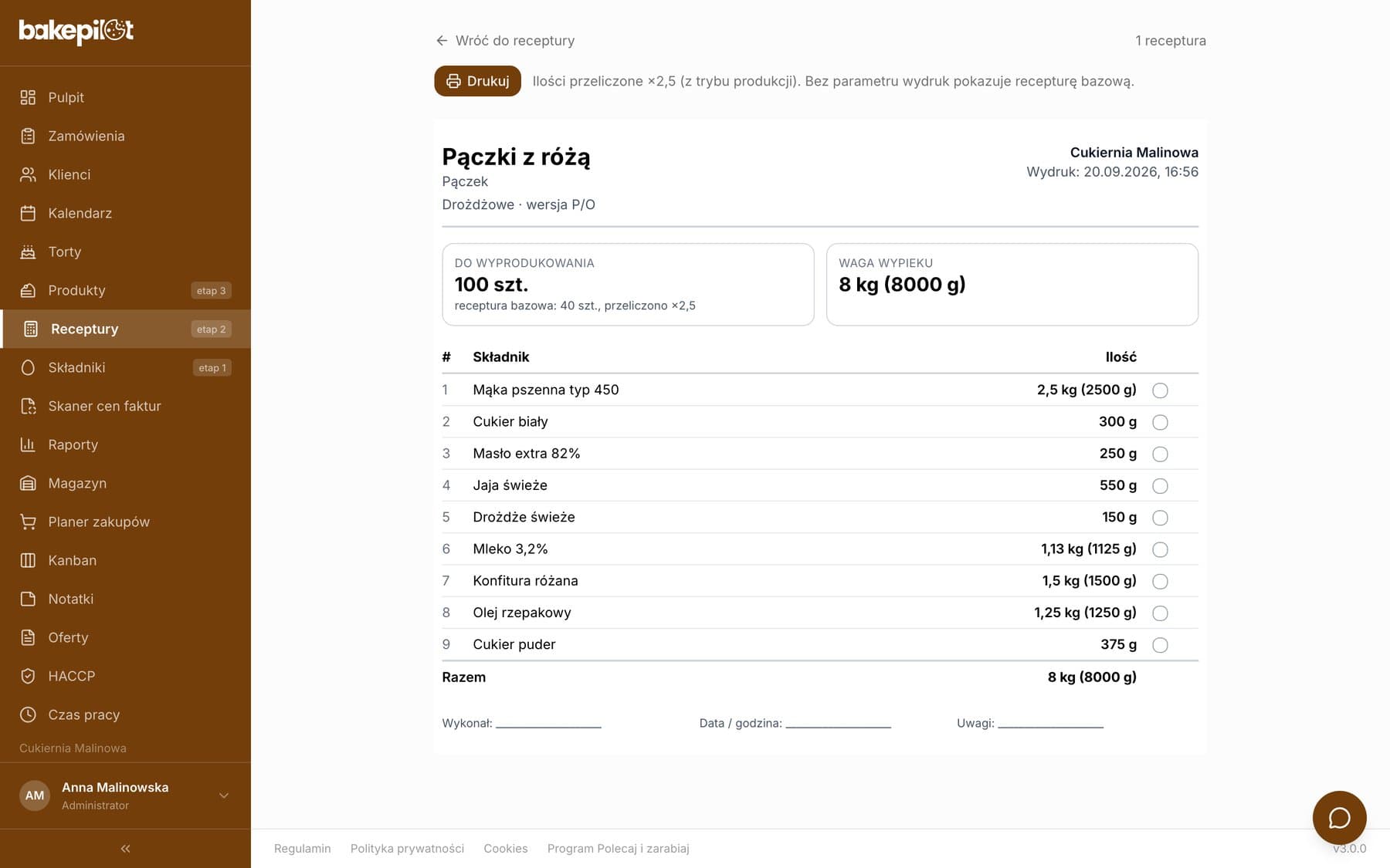 Wydruk karty produkcji na 100 sztuk z adnotacją receptura bazowa 40 szt., przeliczono ×2,5 i ilościami składników po przeliczeniu