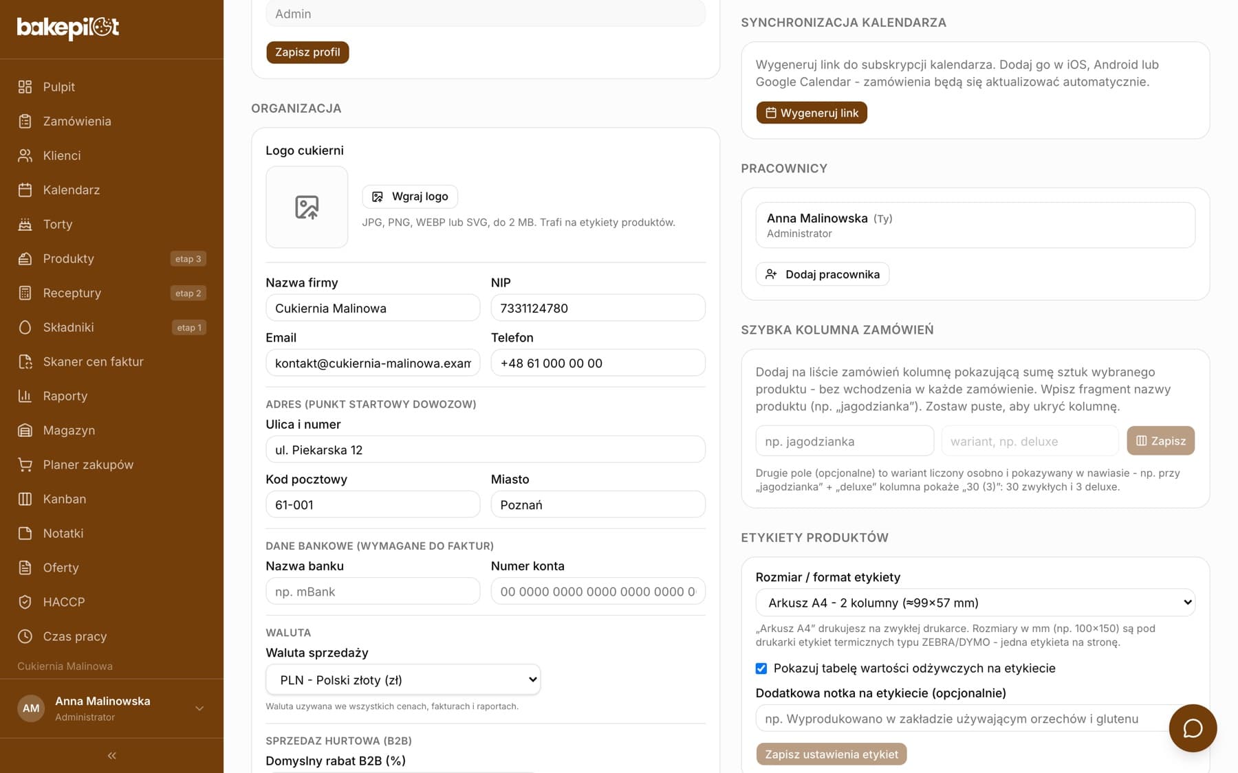 Ustawienia BakePilot z sekcją Synchronizacja kalendarza i przyciskiem Wygeneruj link oraz sekcją Pracownicy
