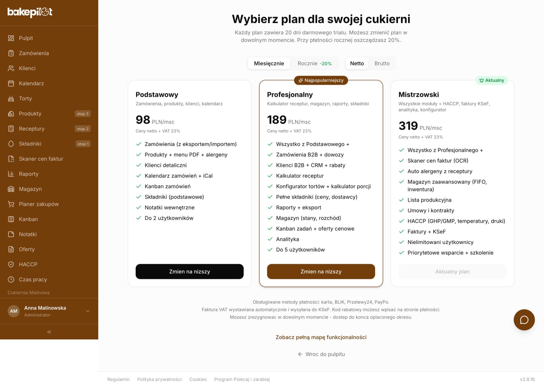 Strona Wybierz plan dla swojej cukierni z trzema kartami planów, przełącznikami Miesięcznie/Rocznie i Netto/Brutto oraz informacją o metodach płatności