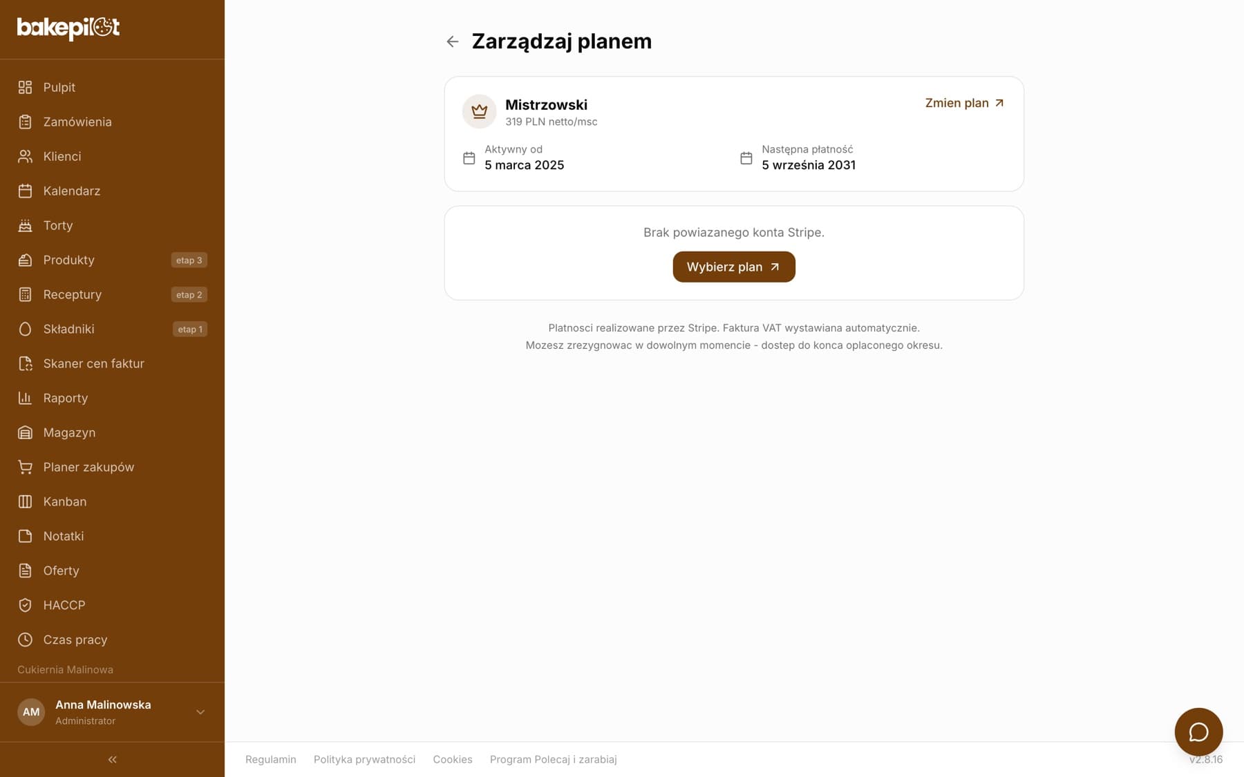 Strona Zarządzaj planem z kartą aktualnego planu Mistrzowski, datami oraz przejściem do zmiany planu