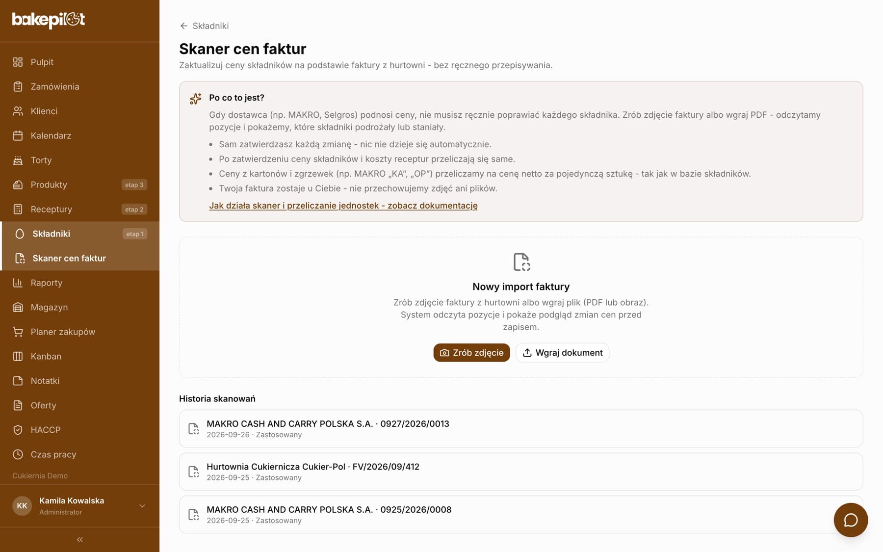 Skaner cen faktur w module Składniki: przyciski Zrób zdjęcie i Wgraj dokument oraz historia skanowań