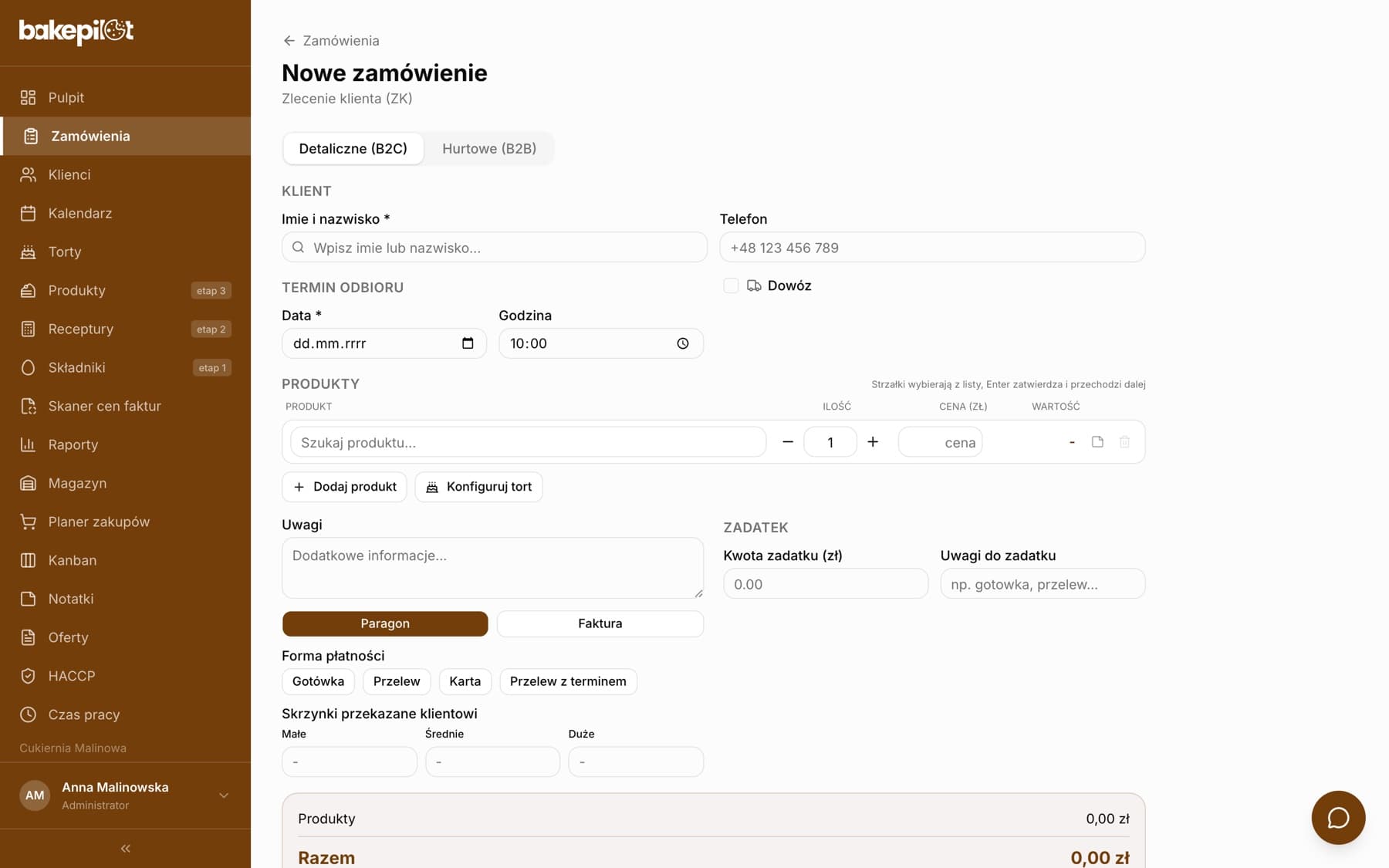 Formularz nowego zamówienia: przełącznik Detaliczne/Hurtowe, sekcje Klient, Termin odbioru, Produkty, Uwagi, Zadatek